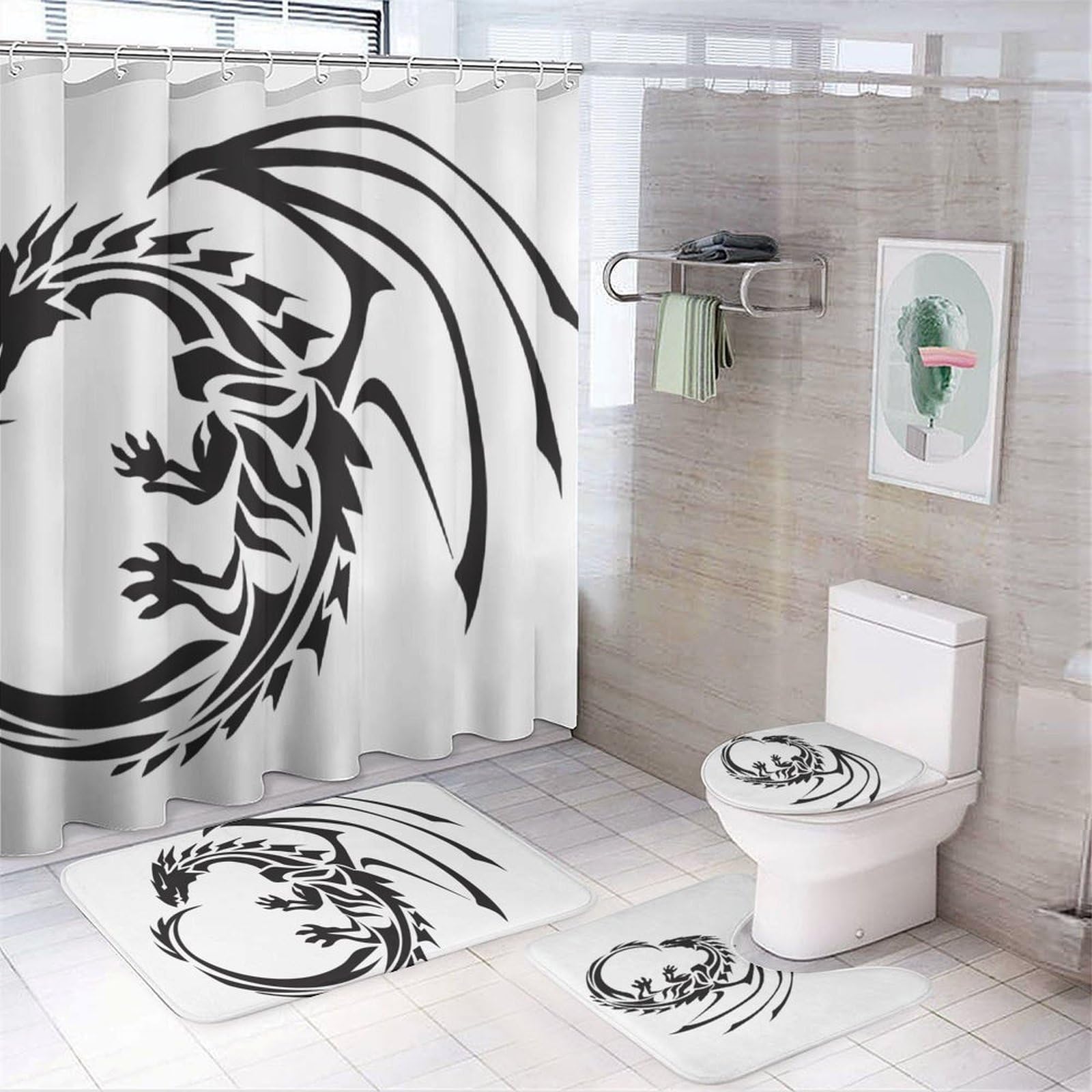 JZemdybill Bathroom Mat Set 4 Piece, Flying Dragons Shower Curtain with Non-Slip Bath Mats for Bathroom