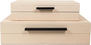 Set of 2 Ivory Shagreen Decorative Boxes with Black Metal Handles, Faux ...