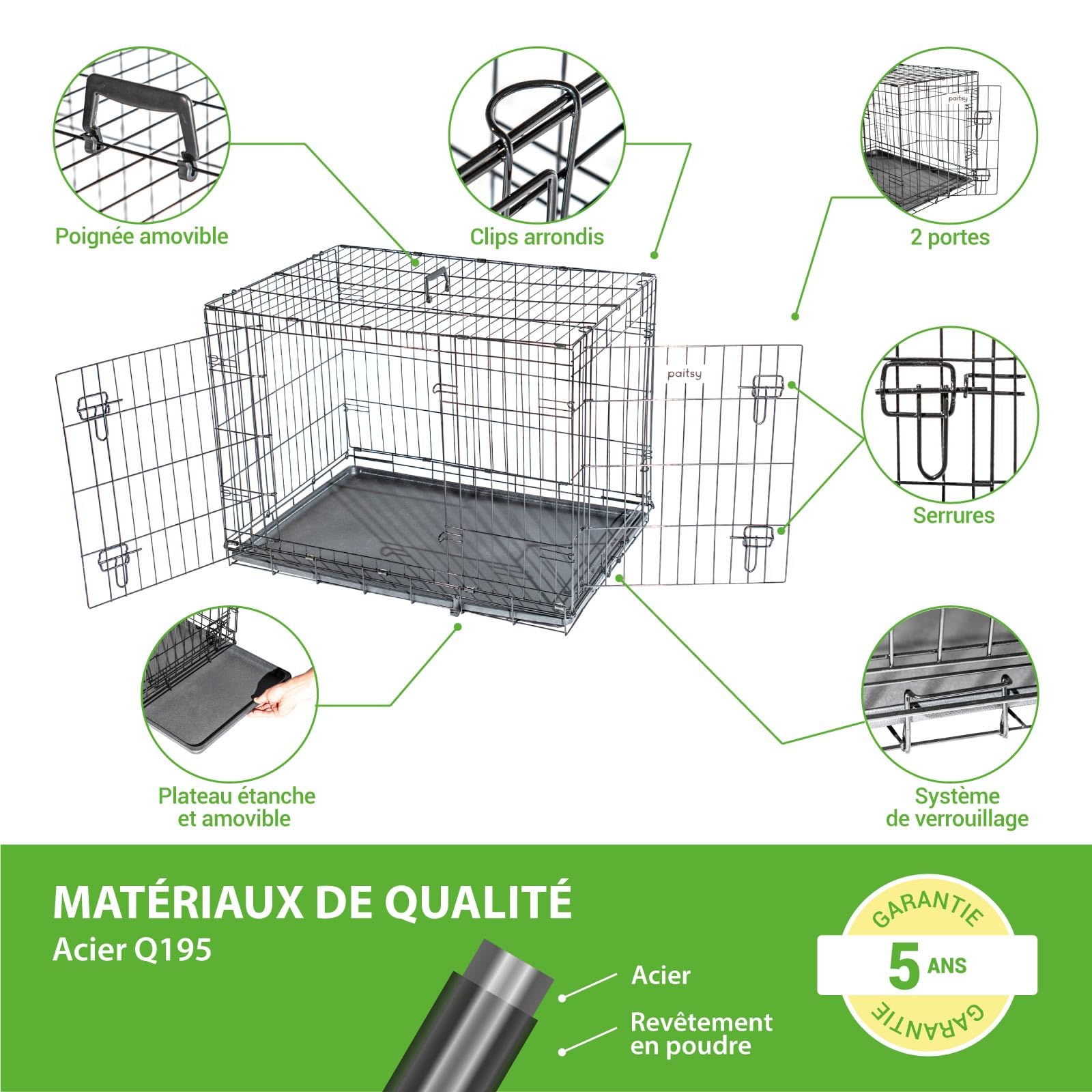 Cage pour Chien FortressooL, Caisse de Transport pour Chien Moyen 90x60x67cm, Pliable, 2 Portes, Plateau Amovible, Utilisation Interieur, Paitsy