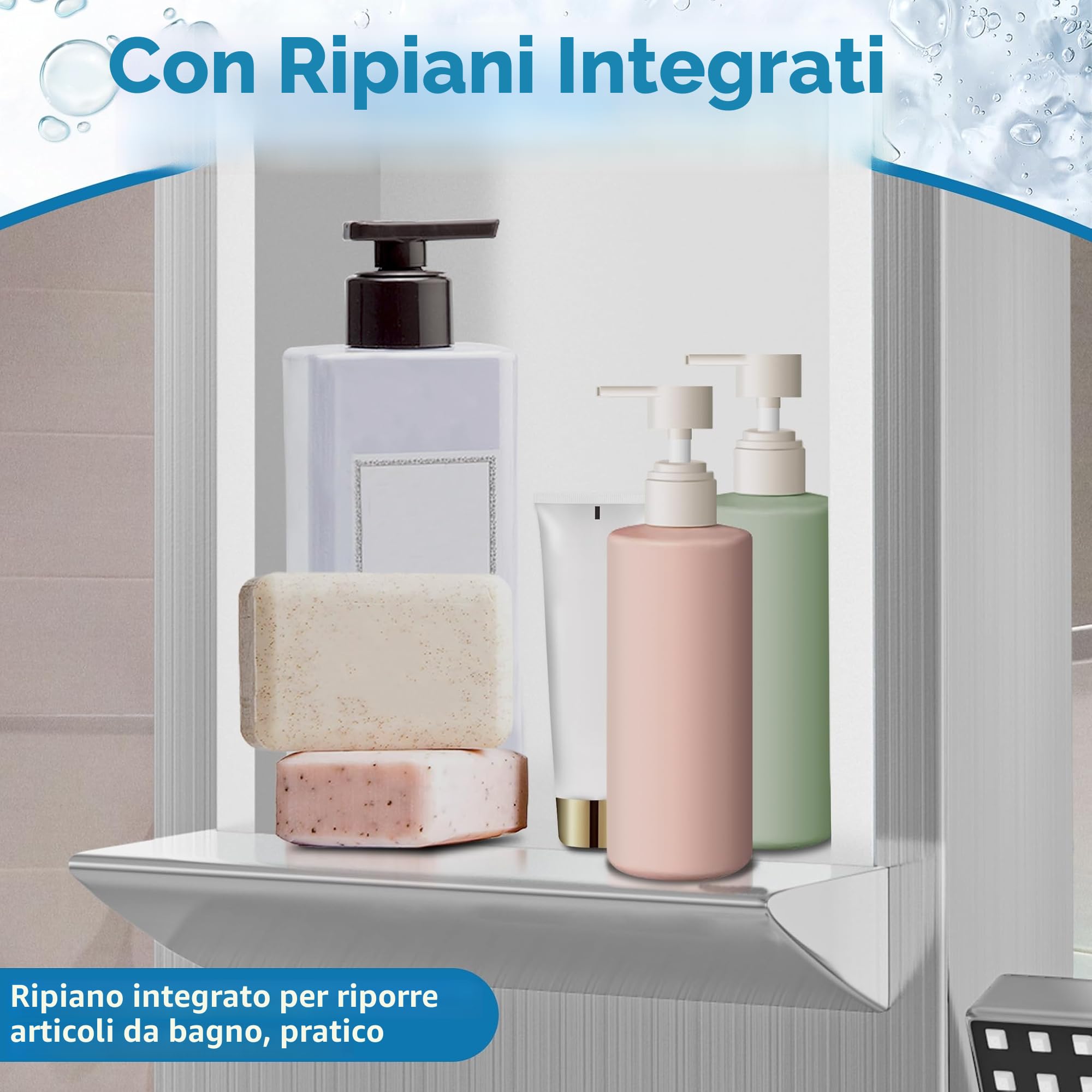 Aufun - Kit di finitura per vasca e doccia in acciaio inox con ripiano e rubinetto, 5 funzioni colonna doccia pioggia e nebbia, 4 ugelli massaggianti a larghezza regolabile, doccetta e ingresso a
