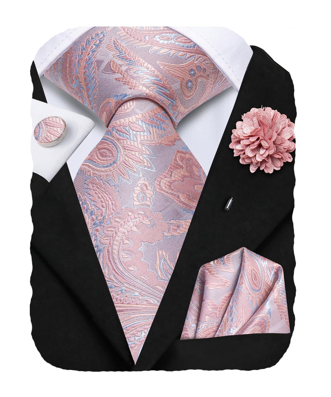Mens Tie Set Silk Striped Woven Necktie with Lapel Pin Pocket Square Cufflinks Set for Wedding Party