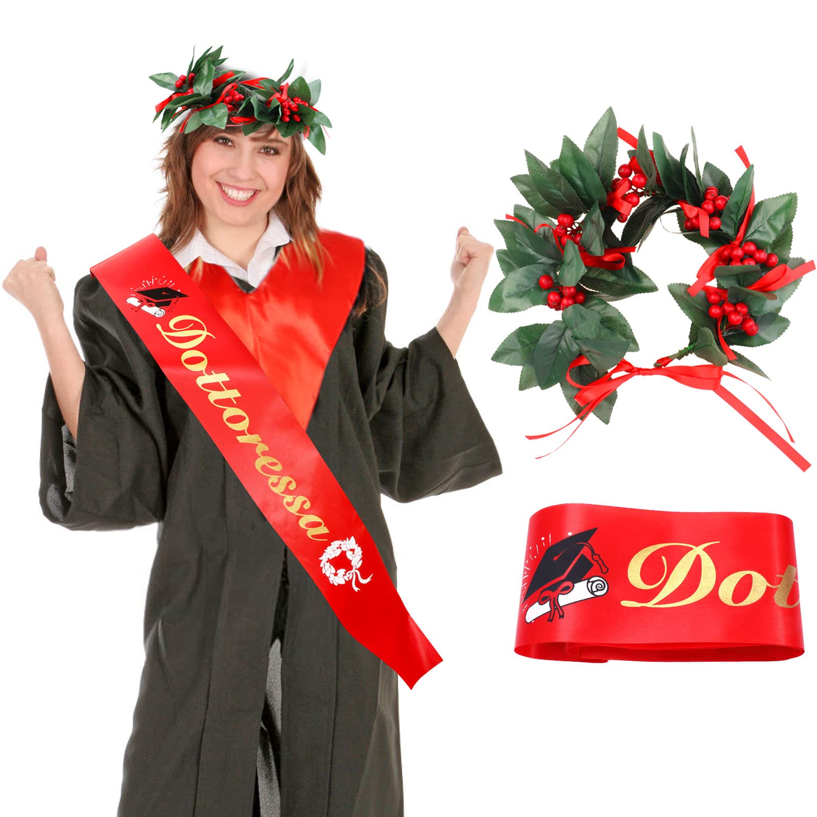 DPKOW Dottoressa Fascia Laurea Corona Alloro per Donna Dottoressa Laurea Festa Accessori Gadget Bomboniere, Simulazione Corona di Laurea Rosse Fascia Regalo Souvenir