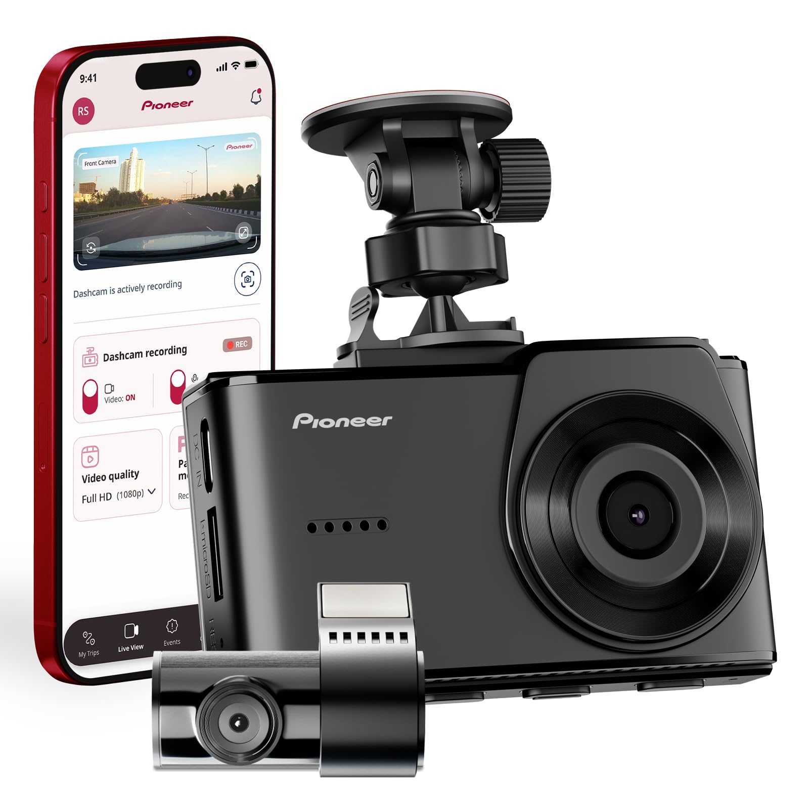 Pioneer VREC-H520DC Dual Dash Cam Front and Rear Car Camera - Large Screen 2K Resolution Starvis Night Vision