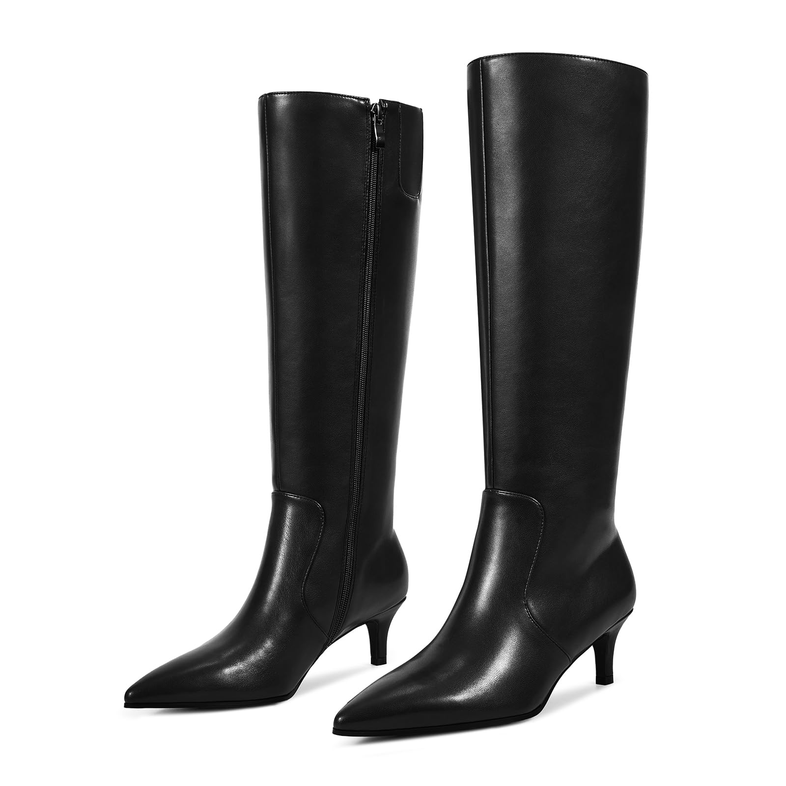 wetkiss Low Heel Knee High Boots for Women Regular Calf Friendly Side Zipper Almond Toe Faux Leather Comfortable