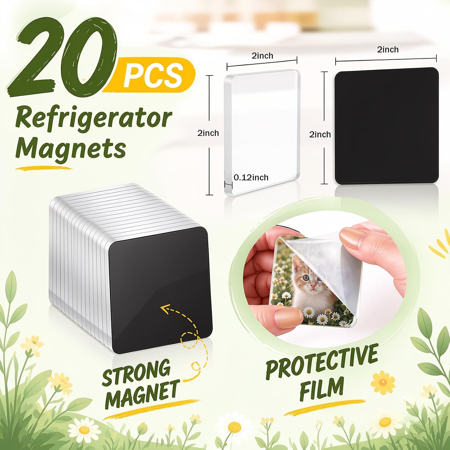 20 Pcs DIY Fridge Magnets Kit, 2"x2" Clear Acrylic Refrigerator Magnets Set with Adhesive Backing, Square Magnetic Photo Frames for Crafts, Kitchen, Classroom, Party, Office Decor