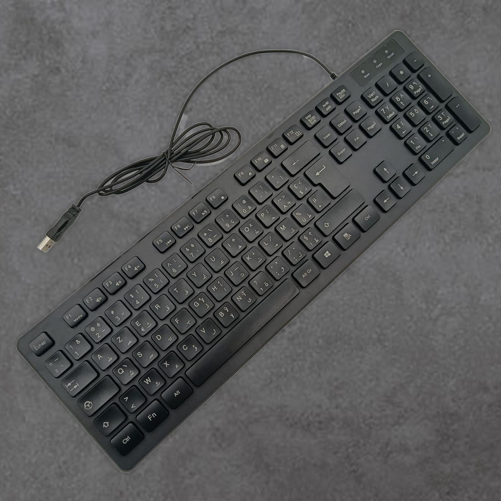 Clavier AZERTY Français Arabe, Câble USB de 1,45 m, Résistant aux Éclaboussures, Touches Silencieuses, Clavier Filaire pour Bureau École, Noir