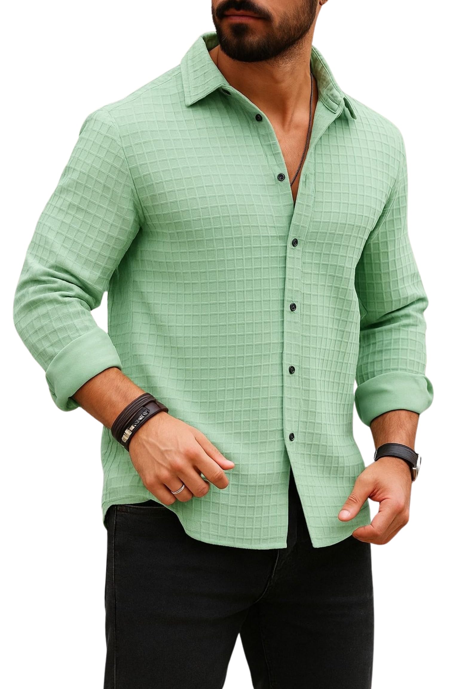 Men's Textured Button-Down Shirt, Long Sleeve Casual Dress Shirt, Collared Cotton Blend-picture-27