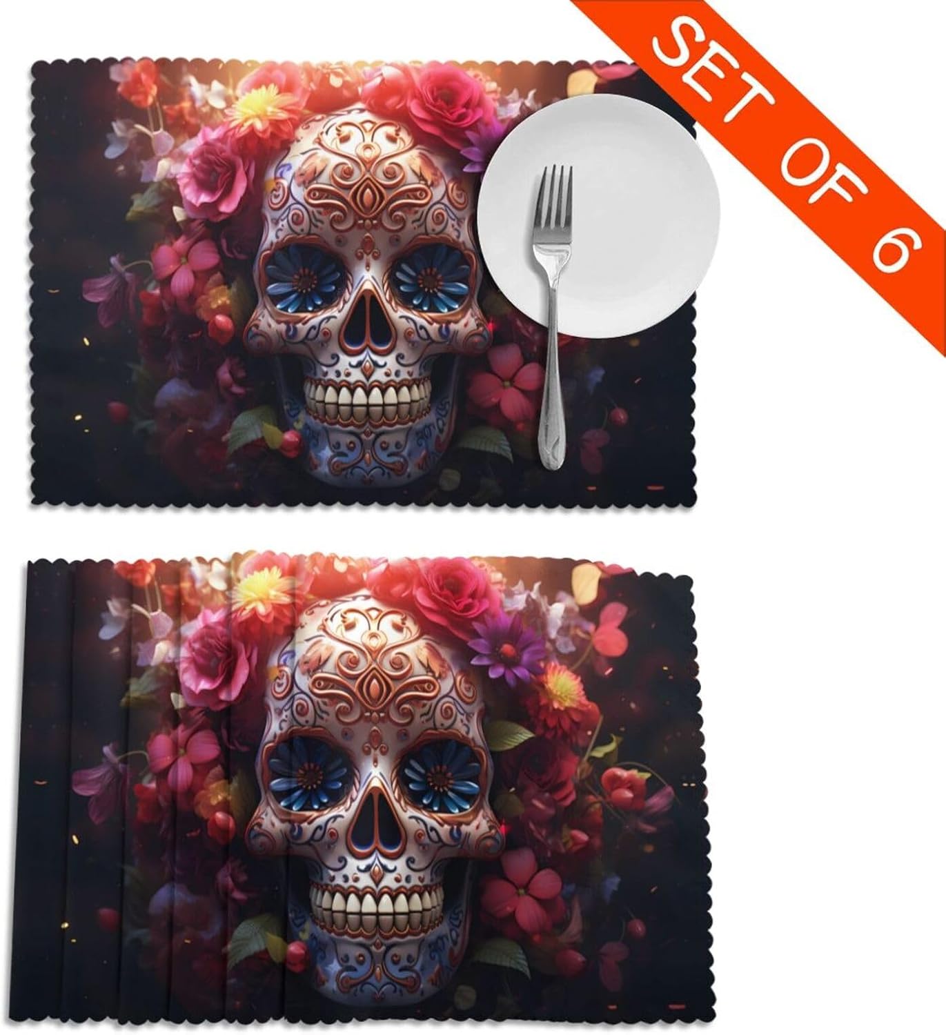Sugar Horror Skull and Flowers Prints High-Grade Placemats 12x18in - 6-Pack Durable Polyester Table Layers for Dining, Hotel, and Party Decor image 4