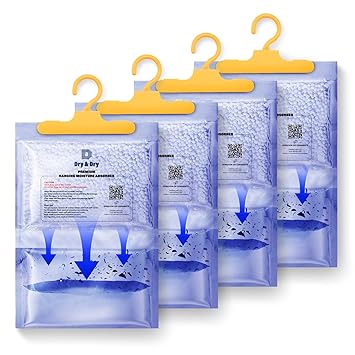 Dry & Dry [4 Packs [Net 7 Oz/Pack] Premium Hanging Moisture Absorber to Control Excess Moisture for Basements, Closets, Bathrooms, Laundry Rooms. - Moisture Absorbers