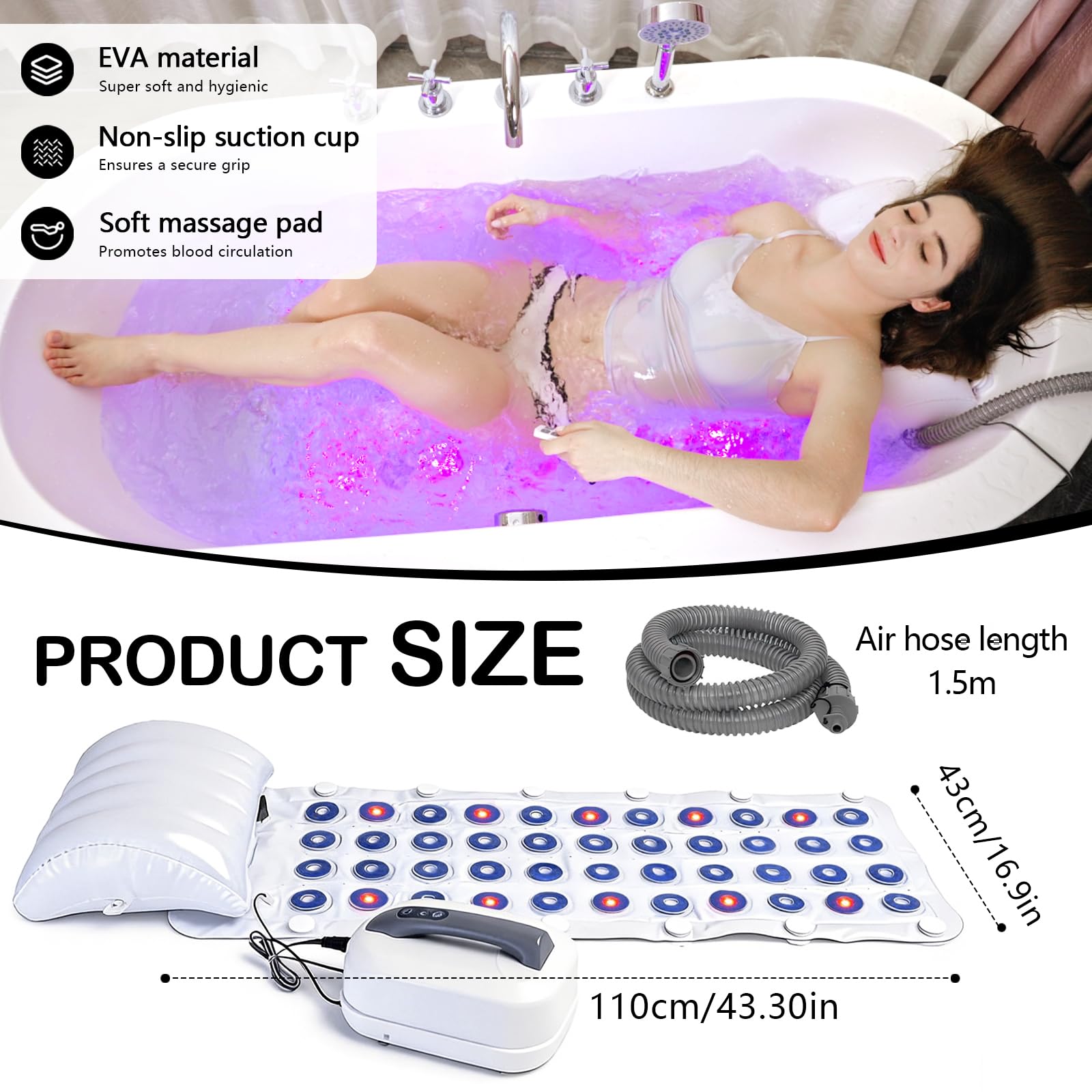 Tapis de Bain à Bulles, Tapis SPA pour Baignoire Tapis de Massage à Bulles d'Air avec éclairage LED Multicolore 6 Niveaux d'Intensité 93 Jets et Oreiller Accessoire de Bain SPA