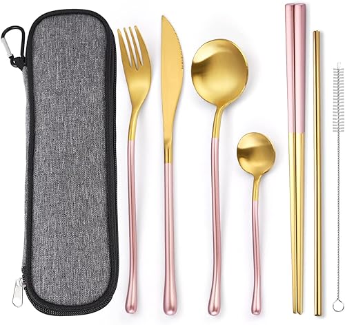 AARainbow Juego de cubiertos de acero inoxidable 188 de 7 piezas, portátil, reutilizable, juego de utensilios de viaje, incluye palillos, cuchillo,