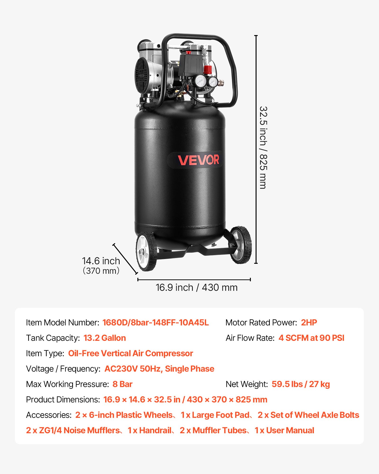 VEVOR Compressore d'Aria 50 Litri 1,5 KW 8 Bar Senza Olio Portatile su Ruote