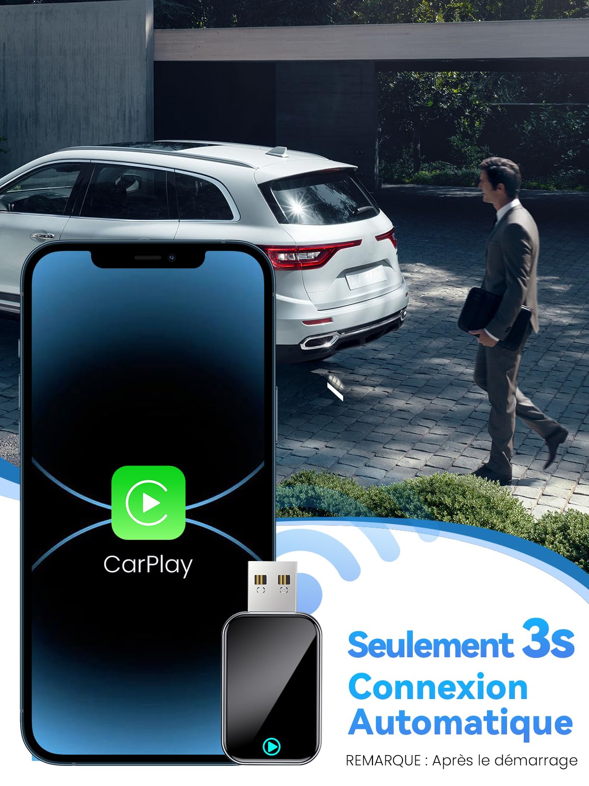 S2 Mini Adaptateur CarPlay sans Fil pour iPhone, Convertissez Le Filaire en sans Fil, Plug & Play avec Typ-C/USB, Compatible avec Les Voitures à partir de 2016 et iOS 10+ (Noir)