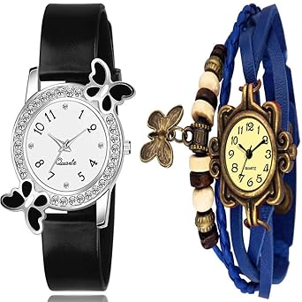 Goldenize fashion Black Diamond Butterfly dial Blue Strip Girls and Womens Watches