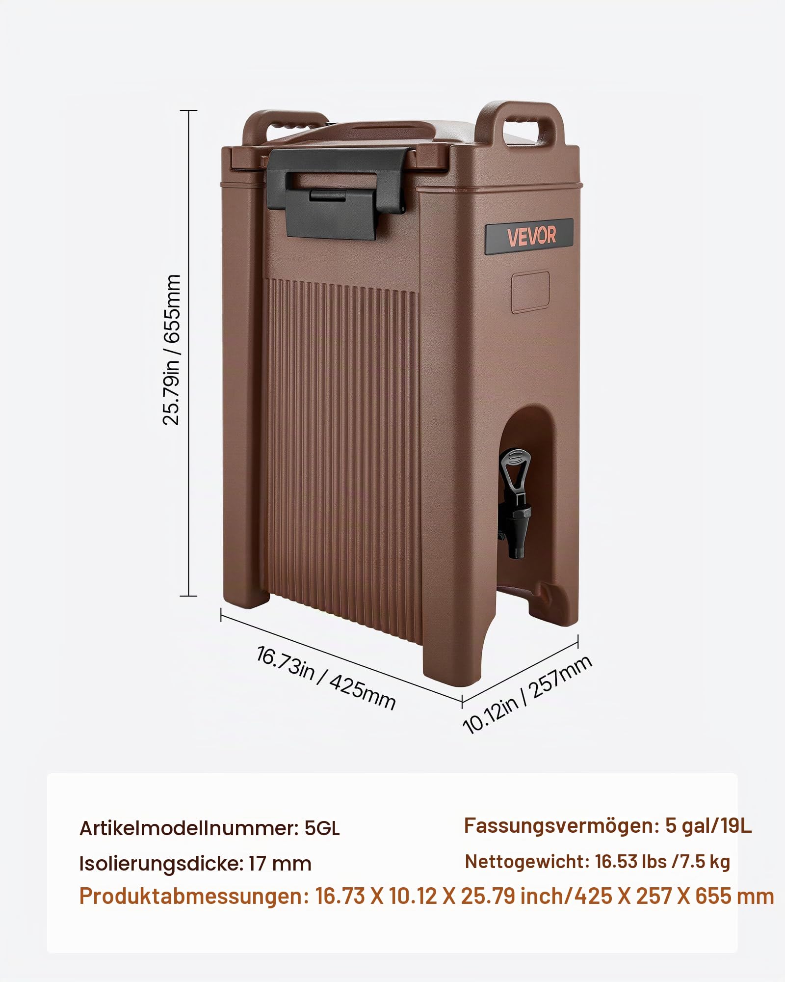 VEVOR isolierter Getränkespender 19 L Heiß- und Kaltgetränkespender mit Zapfhahn & Griff, lebensmittelechter Thermo-Getränkespender-Kühler für Tee Kaffee Wasser in Cafés und Restaurants, Braun