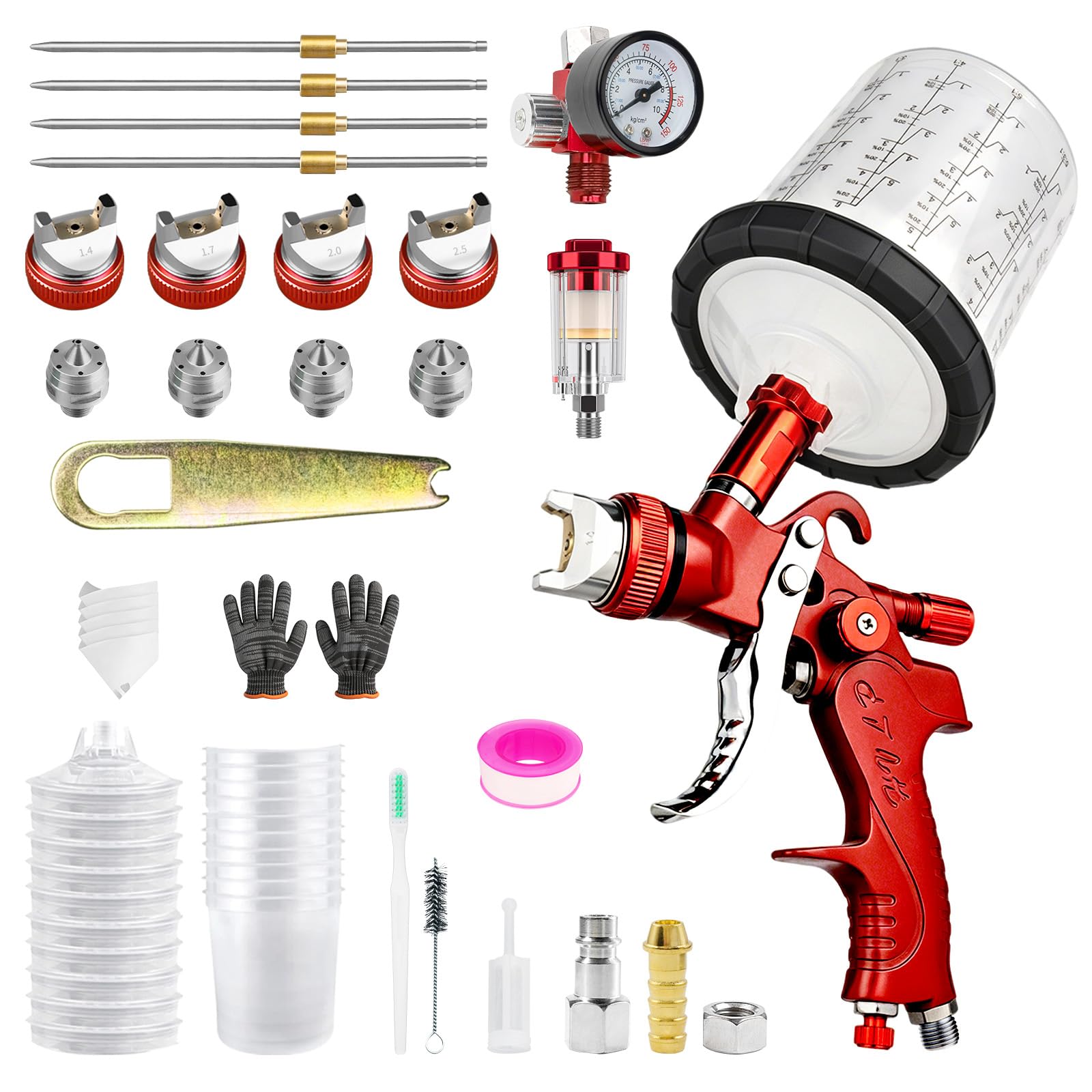 HVLP Spritzpistole mit 4 Düsen-Kits 1,4/1,7/2,0/2,5mm, Lackierpistolen Auto mit 10 x 650ml Einweg-Farbbechern, Schwerkraftzufuhr-Farbspritzpistole zum Lackieren von Autos, Möbeln (Rot)
