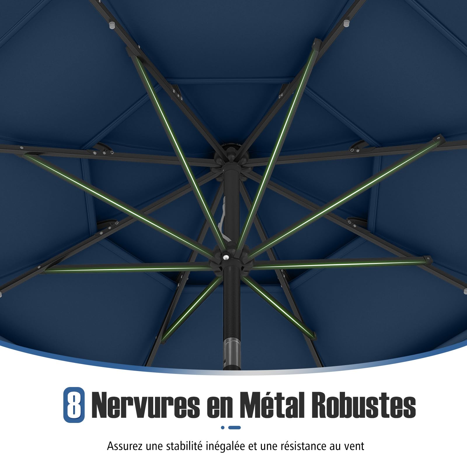 GOPLUS Parasol de Jardin Exterieur avec 32 LED Solaire, 3M Parasol Balcon Inclinable avec Toit à 3 Niveaux, 8 Baleines, Manivelle, Protection Solaire, pour Terrasse, Plage, Patio (Bleu)