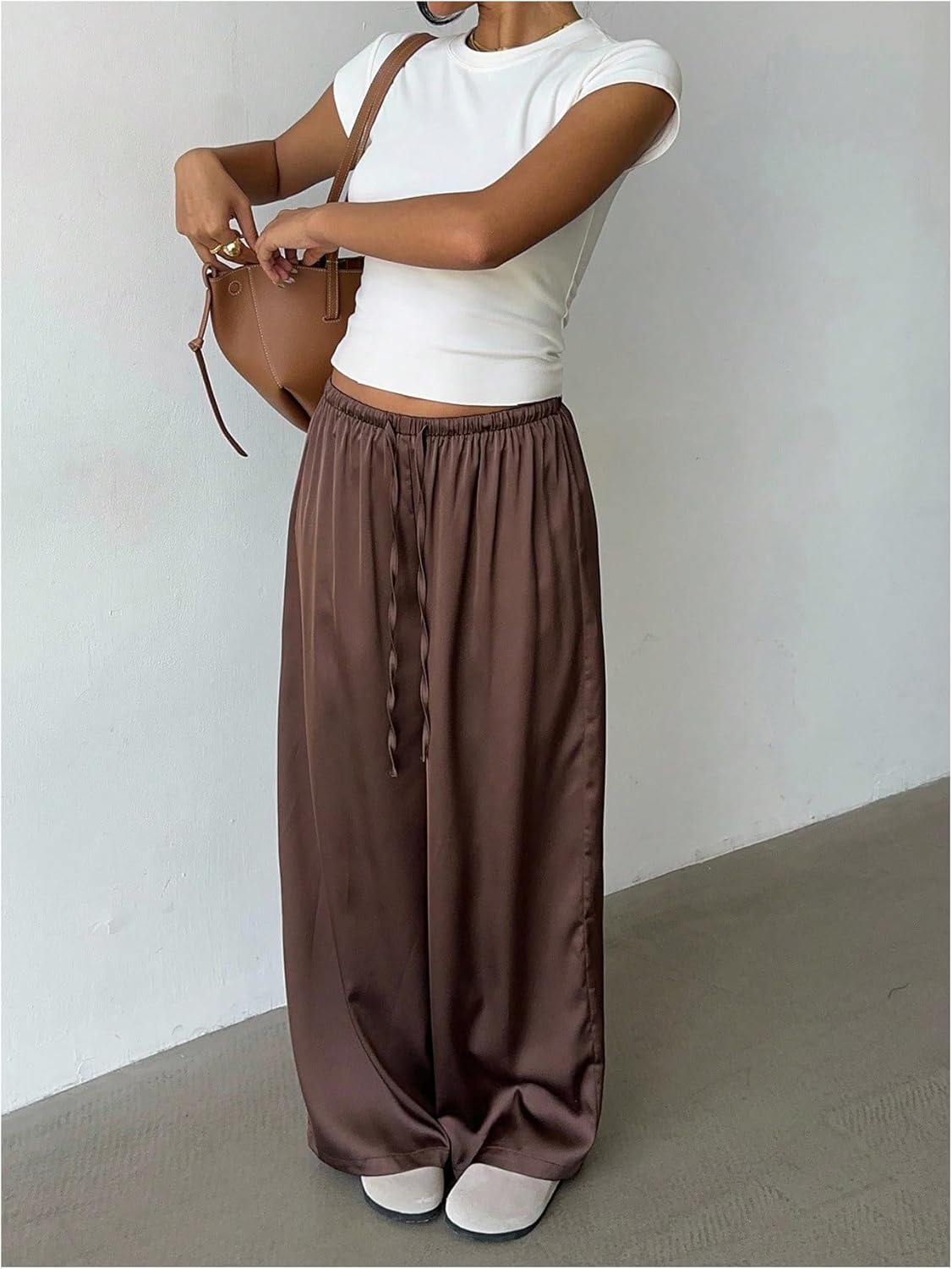 MakeMeChic Women's Satin Pants Drawstring Waist Straight Leg Chocolate Brown Silk Lounge Pants - Image 6