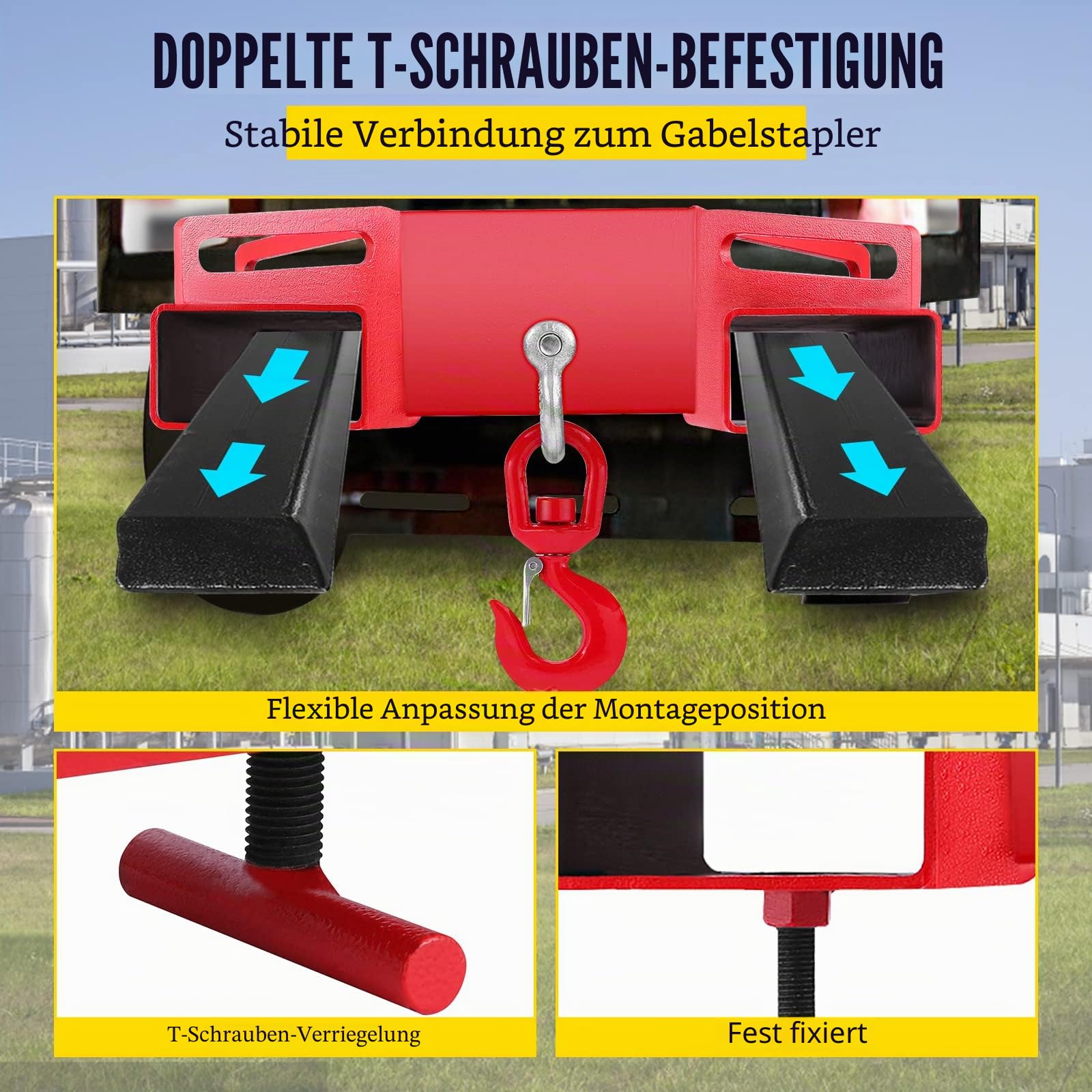 VEVOR 3T Haken Gabelstapler Haken Doppelte Gabel Design, 3000 kg Gabelstapler-Hebehaken Kohlenstoffstahl, 530 x 530 x 170 mm Gabelstapler Hebezeug Schwenkhaken Mobilkran Gabelstapler Anbaugeräte