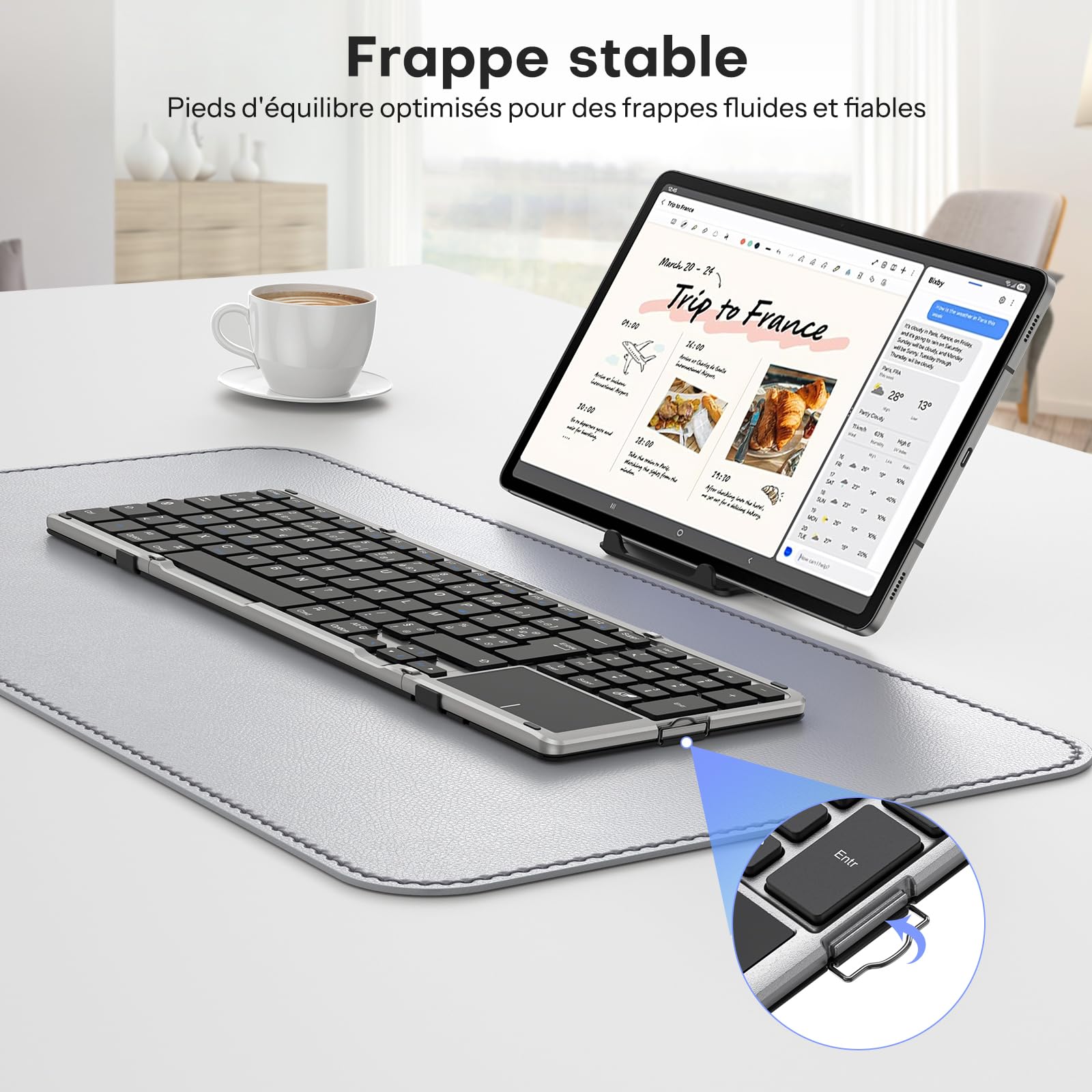OMOTON Clavier Bluetooth Pliable AZERTY Pavé Tactile & Numérique Portable | Pleine Taille, Rechargeable, 3 Appareils Bluetooth, Support intégré, Compatible avec PC Tablette iPad Windows Mac Android