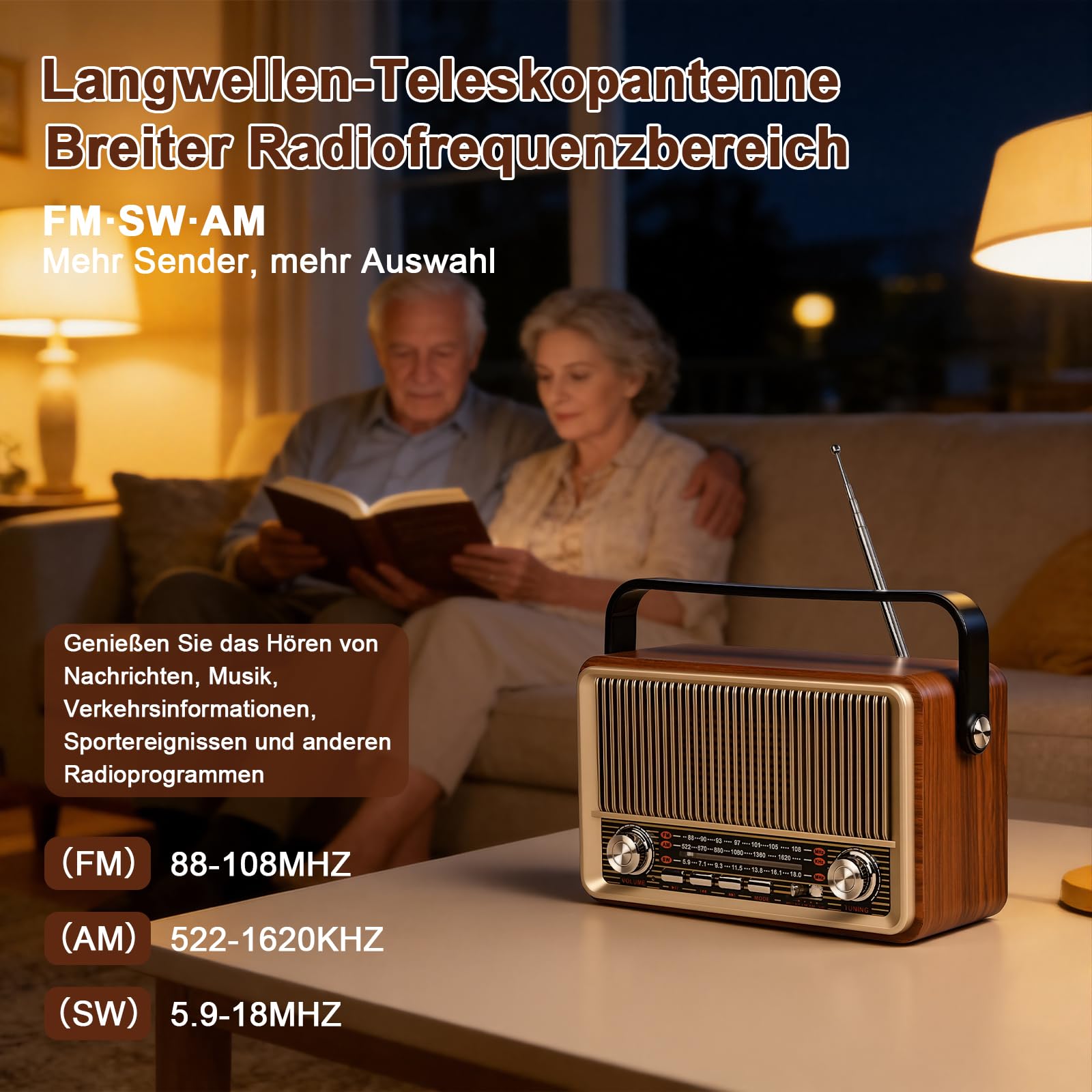 Retro Radio AM/FM/SW kofferradio mit 1200mAh Akku& Bluetooth 5.1,AUX/USB/TF Unterstützung - Für Küche, Büro Und Zuhause, Einfaches Radios für Senioren