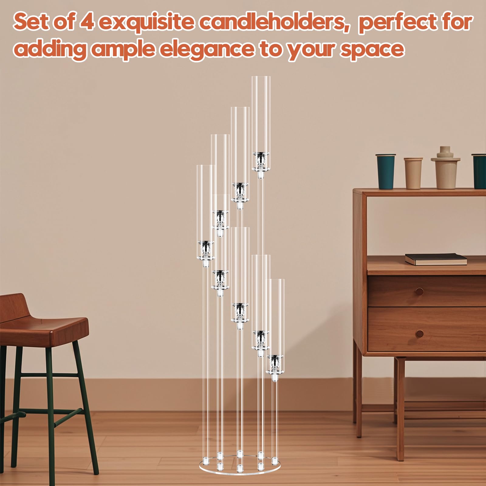 Lot de 4 bougeoirs à 8 bras en acrylique de 125 cm de haut pour tables, bougeoirs transparents pour pendaison de crémaillère, cheminée, décoration d'Halloween, de Noël, convient aux bougies