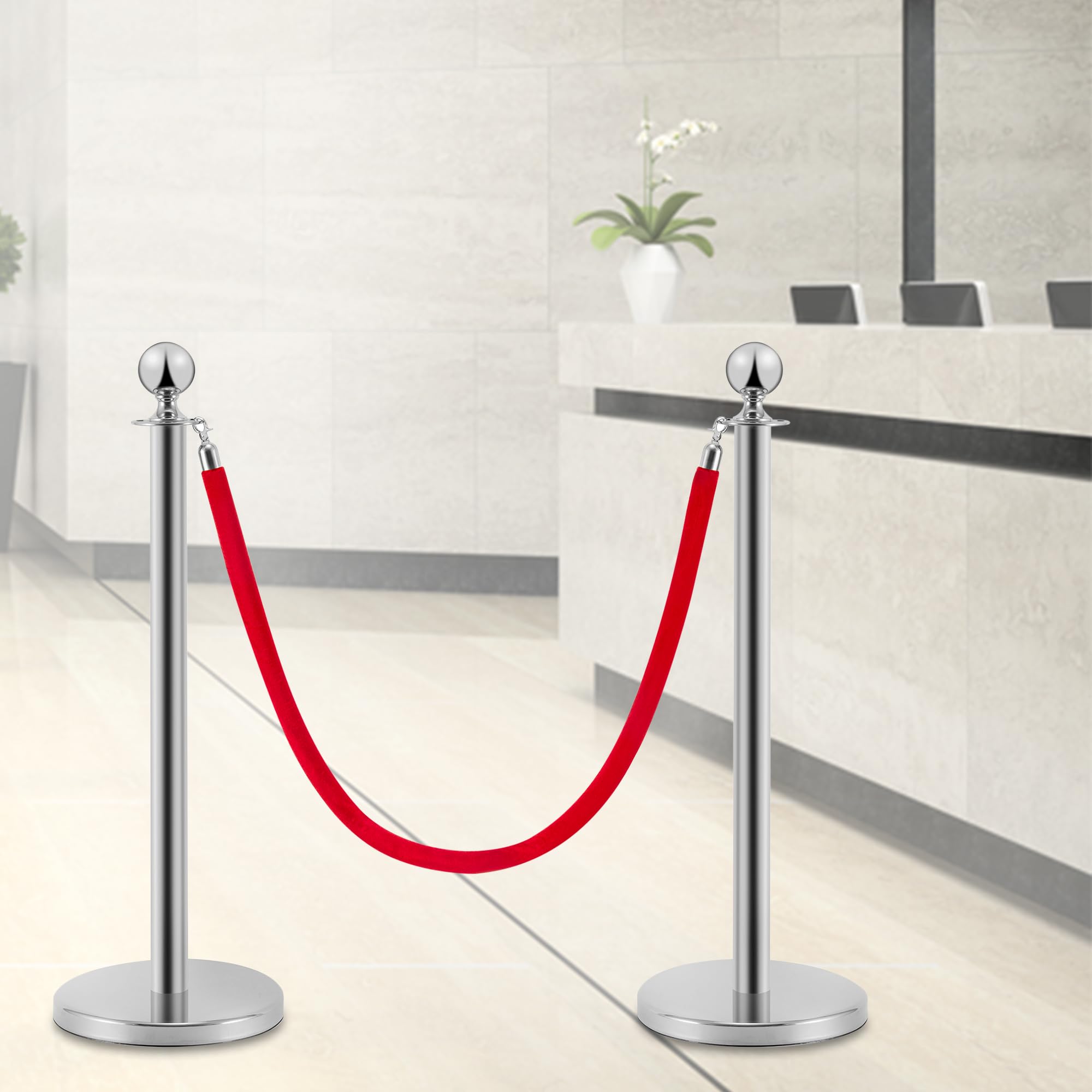 Pali distanziatori in acciaio inox 2 pezzi, altezza 90 cm, argento con corda di velluto rosso da 1,5 m, collegamento a 4 vie, base di diametro 31 cm, controllo della folla