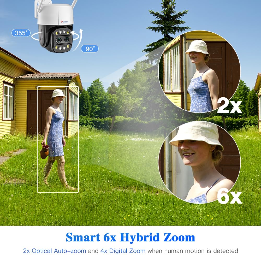 Ctronics Zoom Ibrido 6X Videocamera Wi-Fi Esterno con Doppio Obiettivo | Tracciamento Zoom Automatico Sorveglianza, Rilevamento Umano Visione Notturna a Colori Audio Bidirezionale IP66 (Bianco)
