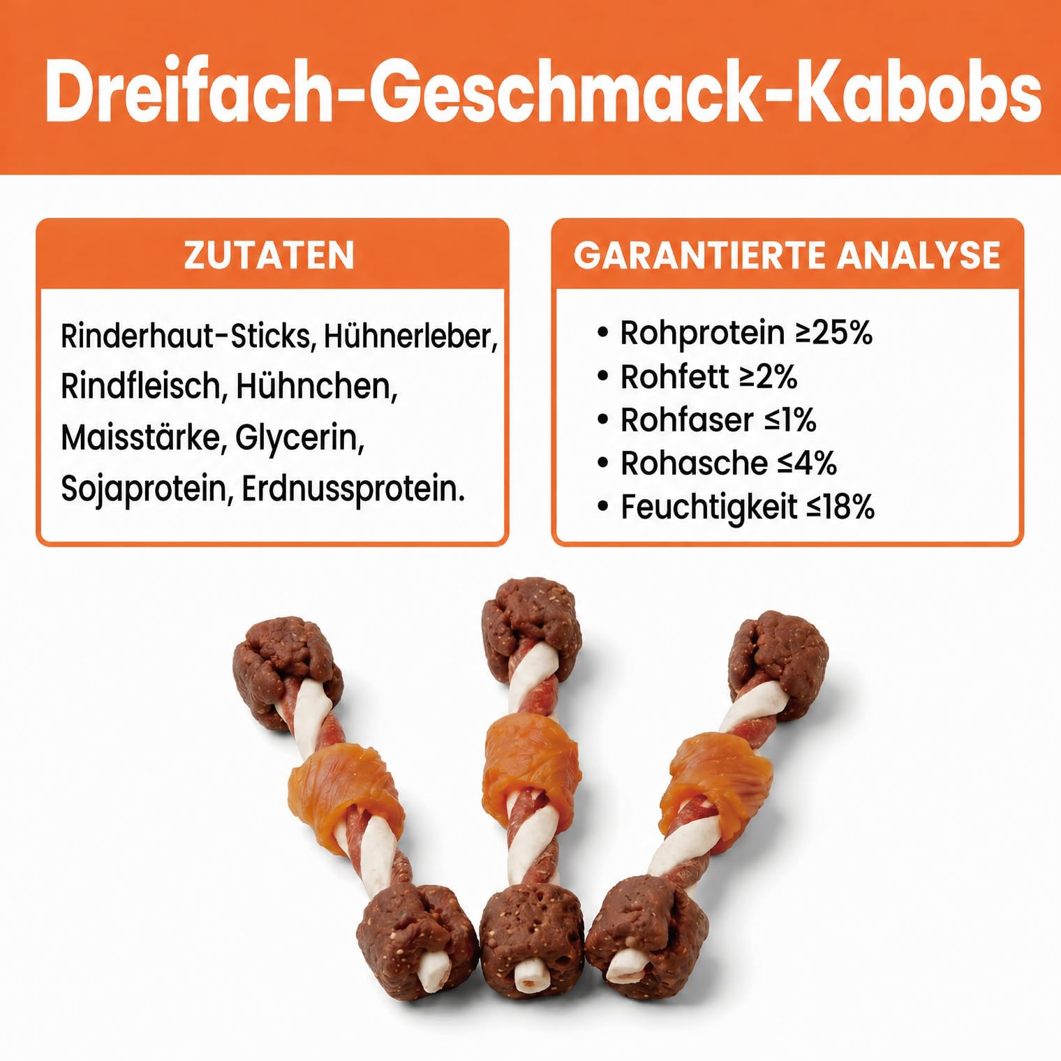 Friandises à mâcher pour chiens - Kabobs triple flavor avec poulet, foie et bœuf - Os à mâcher sans céréales pour les soins dentaires - Récompense riche en protéines pour toutes les races