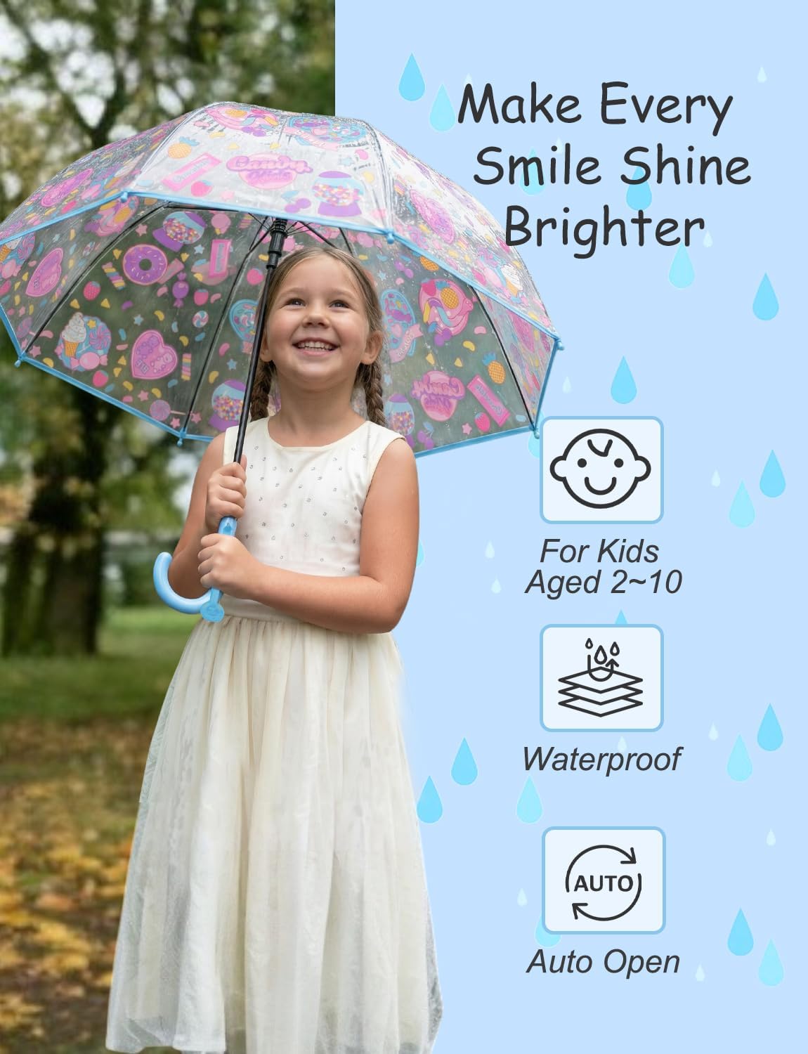 Kids Clear Umbrella-Thick POE Transparent Canopy, J-Handle, Jellyfish/Apollo Design, Large 78cm, Cute Rain Umbrella for Toddlers & Children
