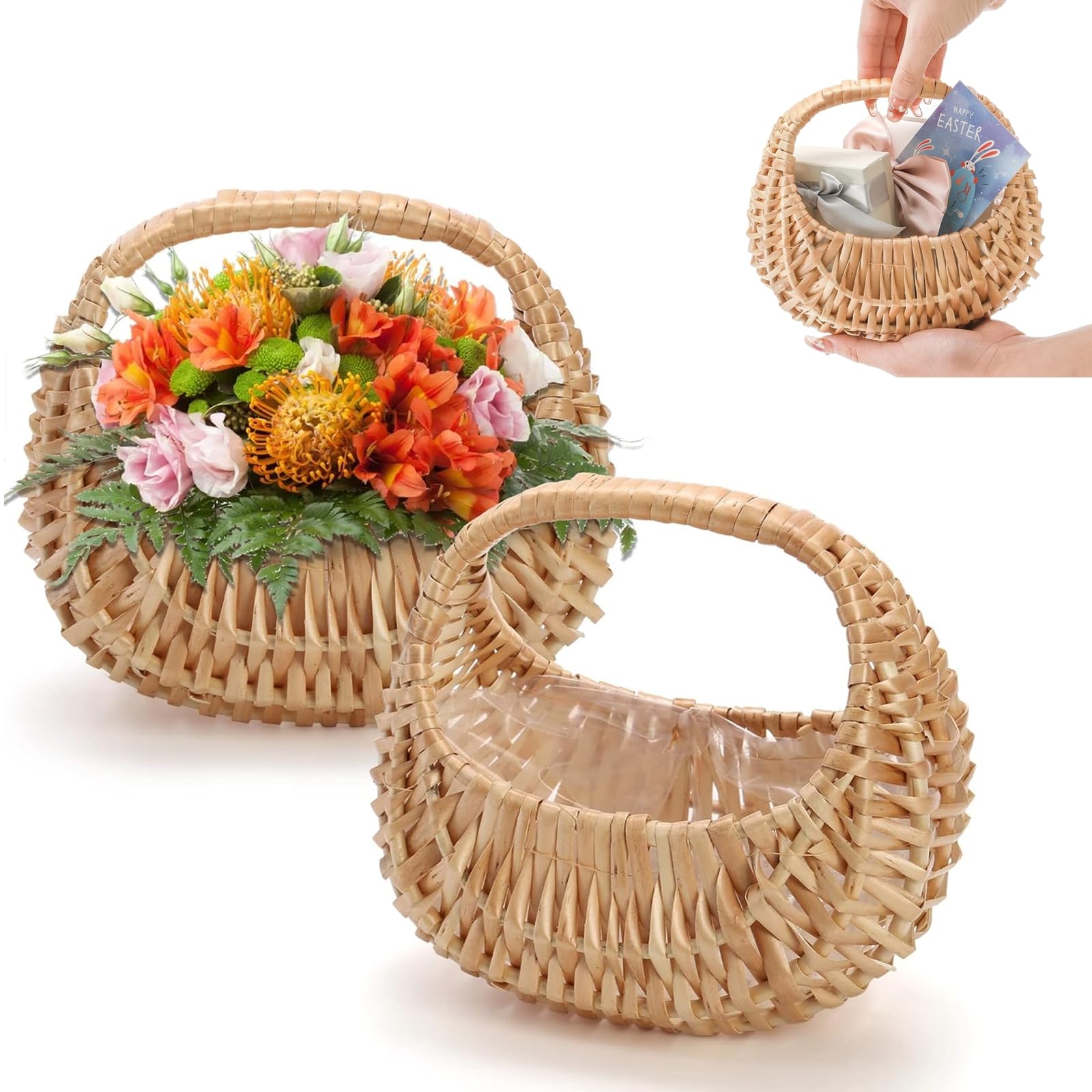 Lyellfe 2 Pack Small Flower Girl Baskets, Wicker Basket with Handle Plastic Liner, Decorative Eggs Candy Storage, Willow Rattan Basket for Wedding, Gifts, Camping, Home Decor
