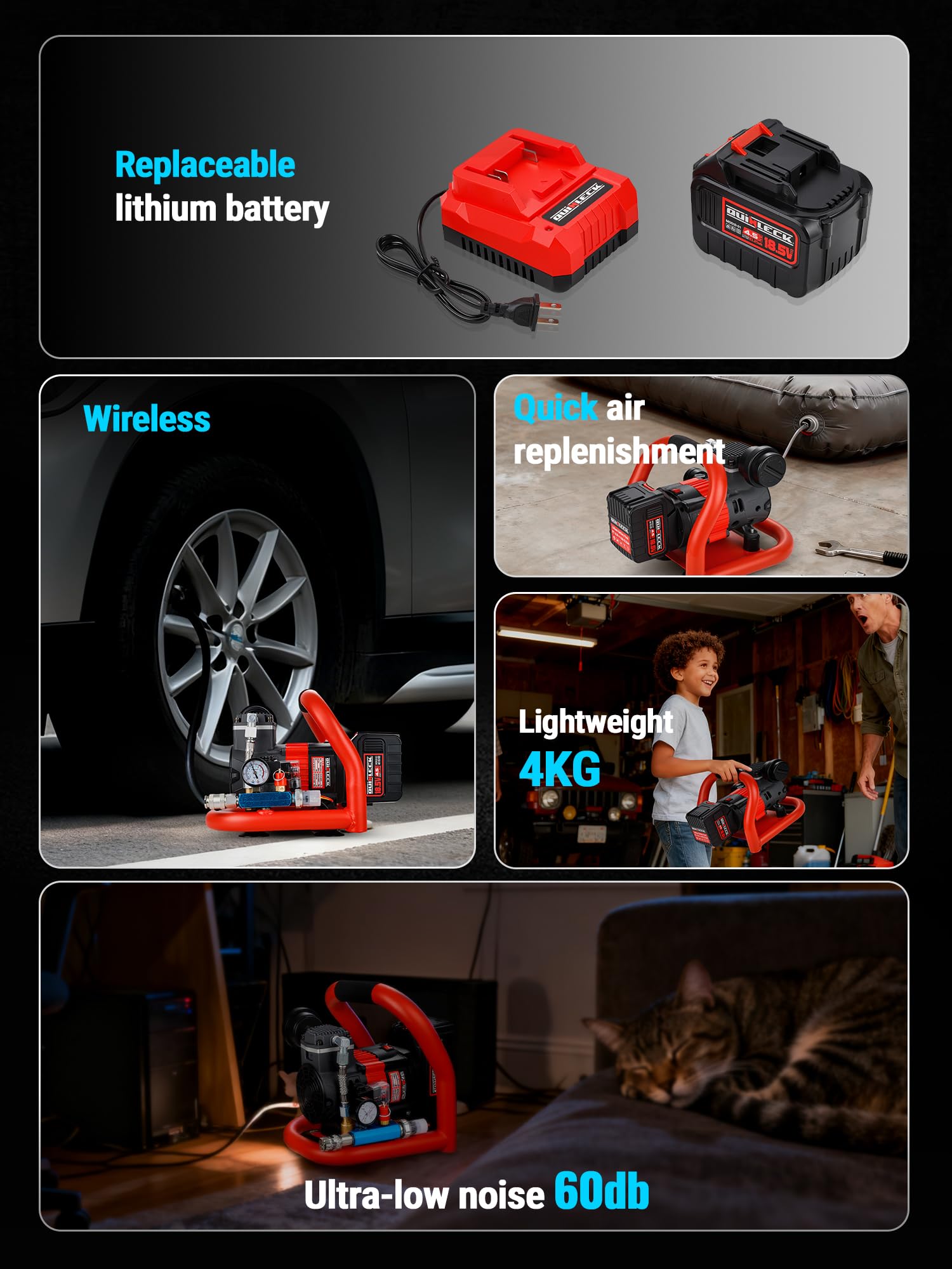 Compressore d'aria senza fili, ultra silenzioso, compatibile con batteria Makita, compressore d'aria portatile senza olio, 18 V, 18,5 V, 21 V, 60 dB, piccolo, leggero, universale per