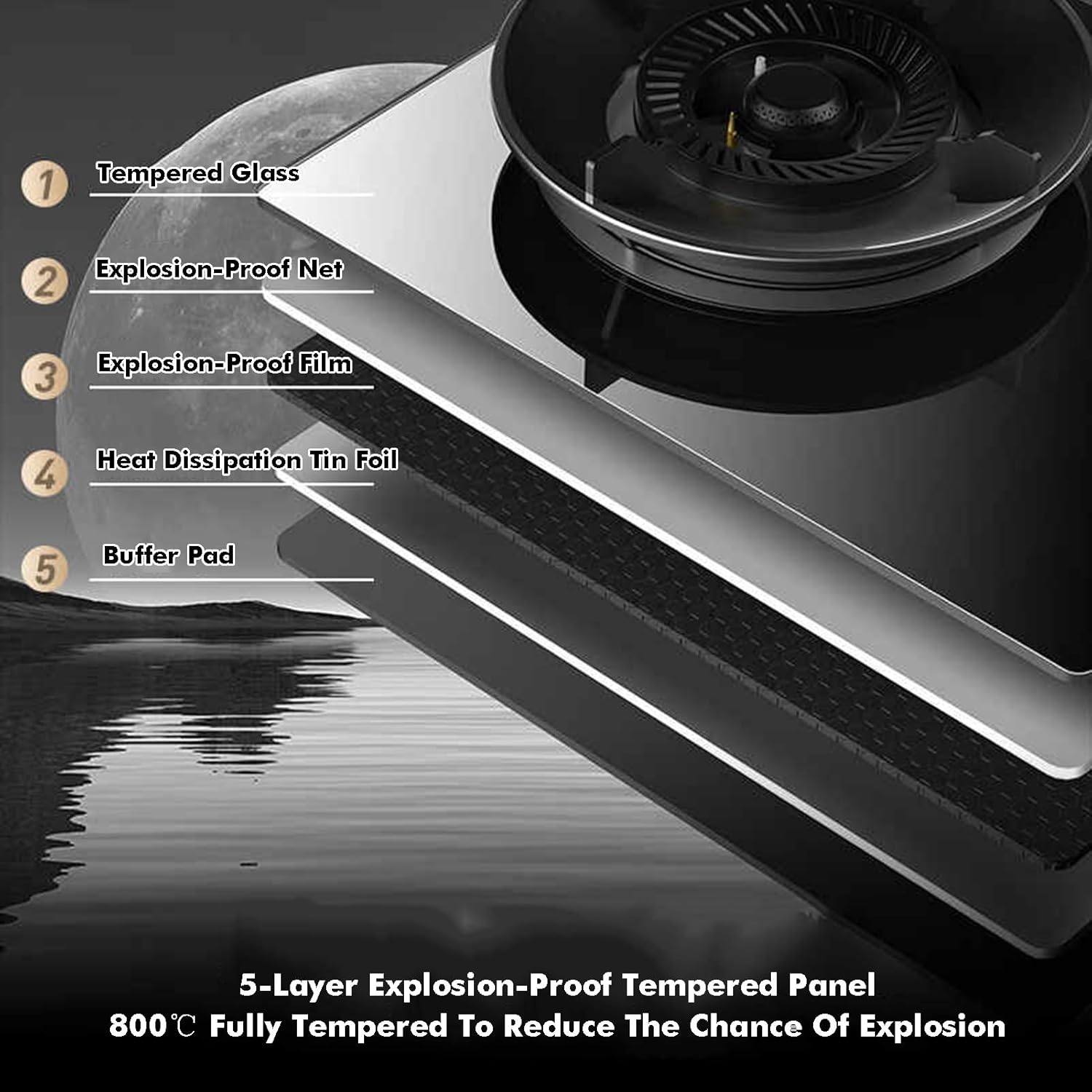 Gas Stove 1 Burner,5.2W 9-cavity High-fire Frying Pan,Tempered Glass Cast Iron Pot Rack,Gas/LP Conversion,with Flameout Protection,for Home Kitchen(LPG)