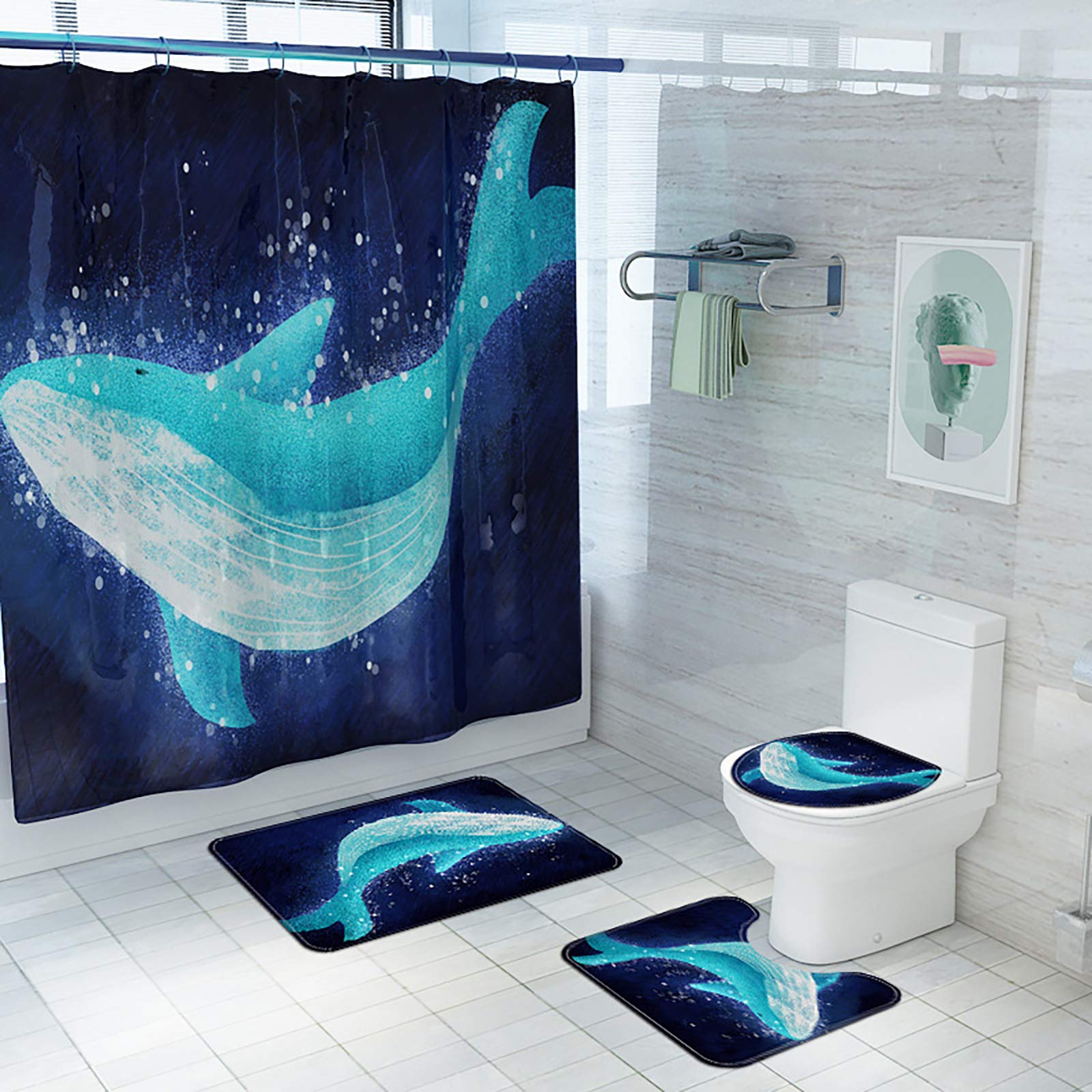 Tapis de bain antidérapants et rideau de douche baleine marbre naturel DAMAI