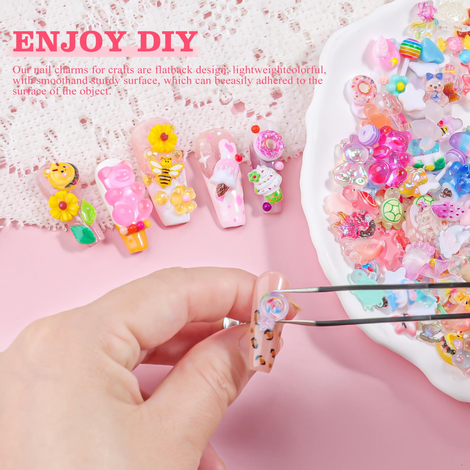 Zestaw 250 szt. kawaii 3D cukierkowe zawieszki do paznokci, Y2K kreskówka żelki niedźwiedź pszczoły owoc ananas słodkie cukierki lizak pączek lody urocze serce gwiazda kokardki mieszane kolory
