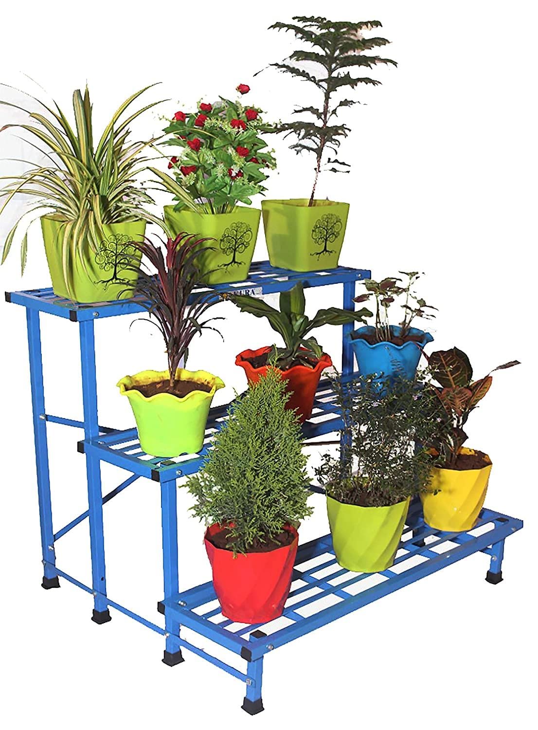 AKURA,3-Step Metal Gardening Stand/Planter Stand for Indoor &Outdoor Plant Pots(Steel Tube: 20 x 20 mm;Size:W-100cm x D-85cm x H-77.5cm) (Color - Blue) (B072C53WH7) Amazon Price History, Amazon Price Tracker