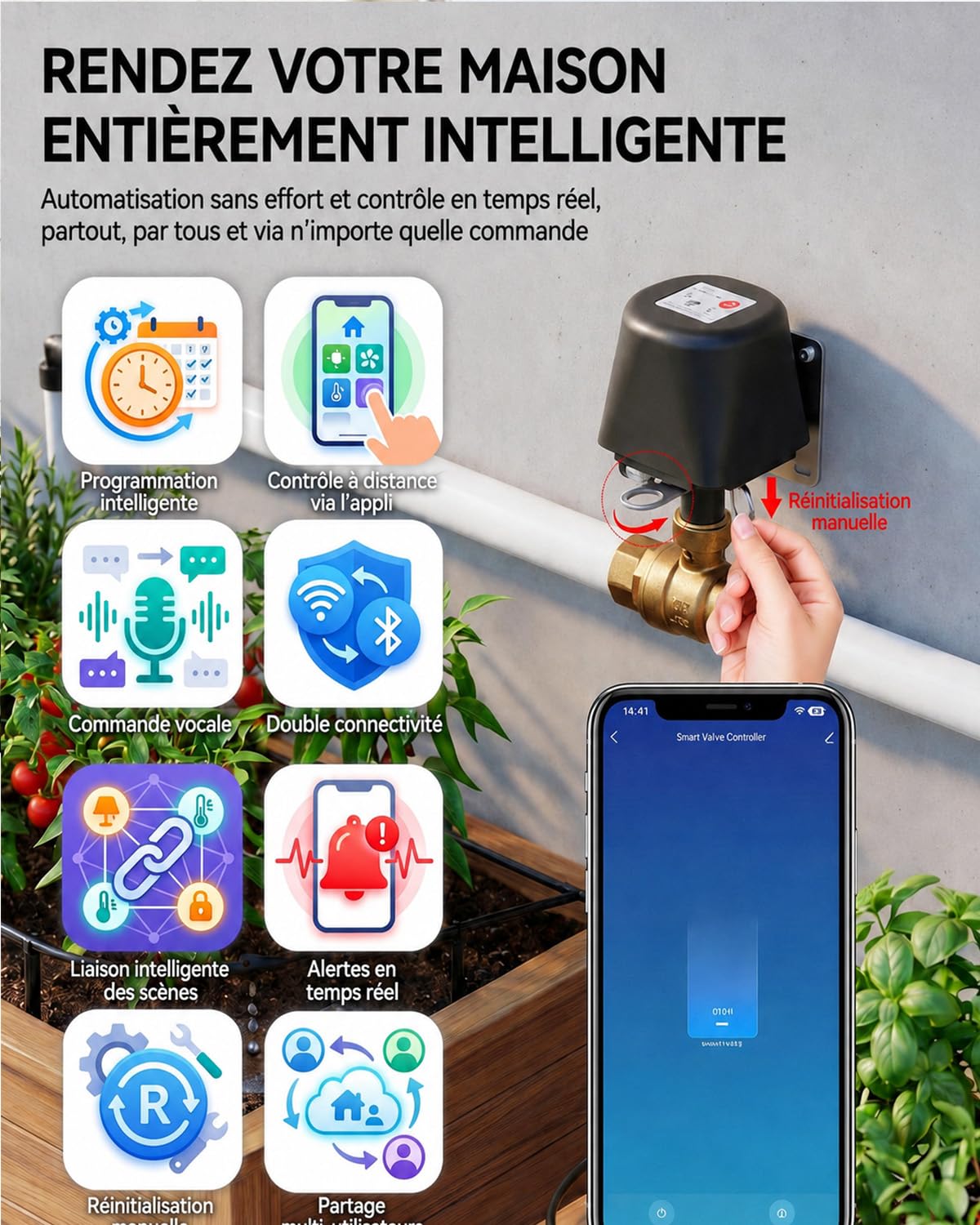 Vanne Connectée WiFi Motorisée Laiton 3/4 Pouce avec Minuteur Compatible Alexa Google Jardin Piscine