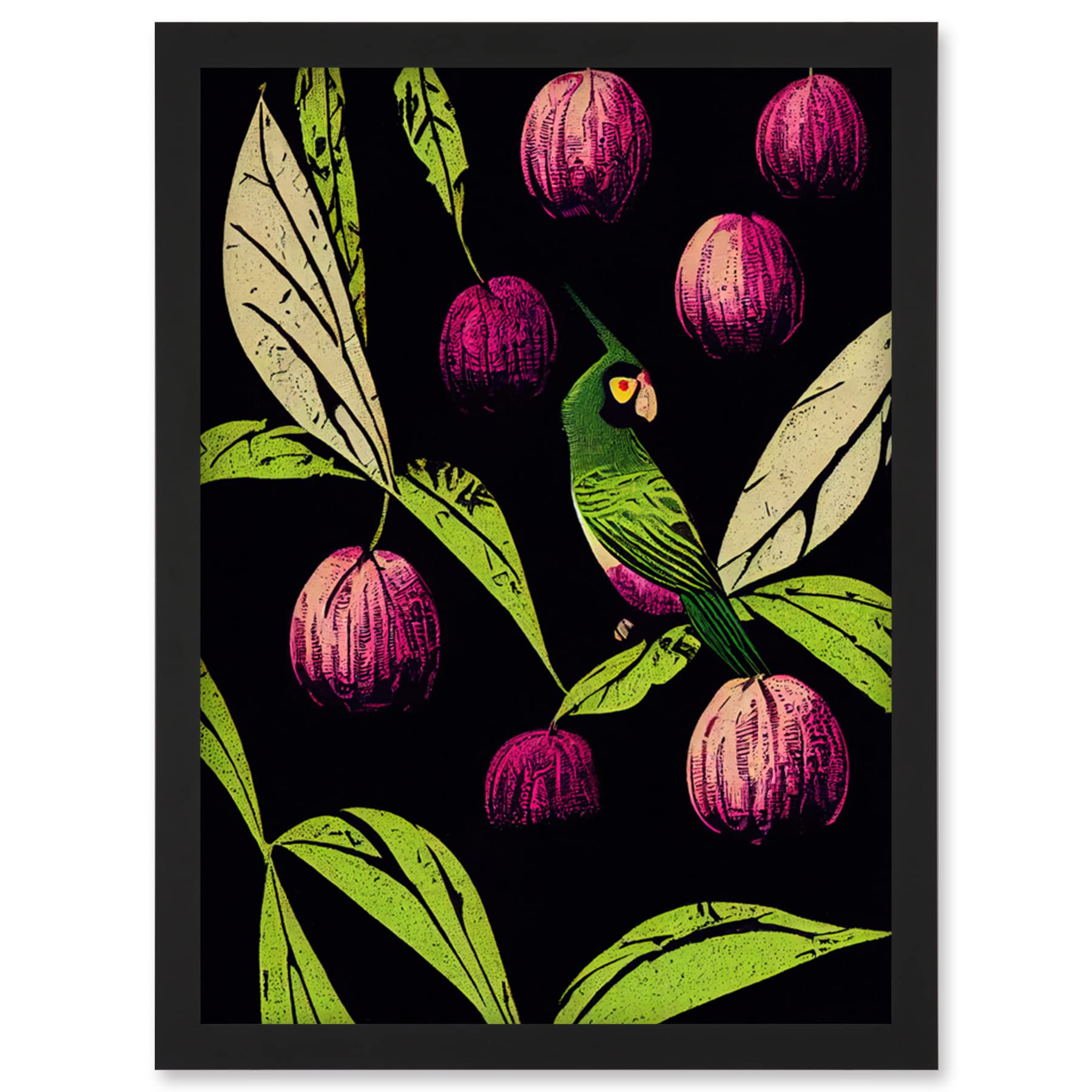 Wee Blue Coo Parrot in Tree Fruit Bright Green and Purple Black Colour Linocut Illustration Modern Vintage Artwork Framed Wall Art Print A4
