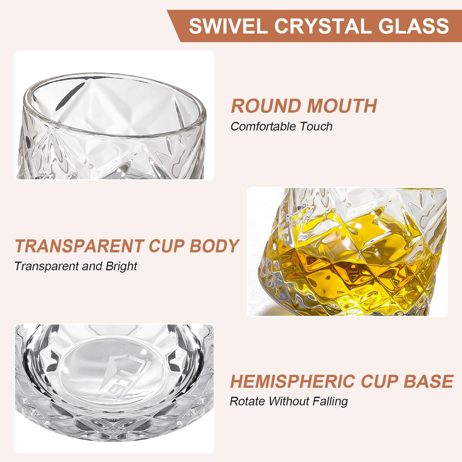 Rotatable Old Fashioned Whiskey Glass Set of 2, 275ml/10oz Crystal, Wood Coaster, Thickening, for Rum Cocktails, Coffee, Milk - Image 4