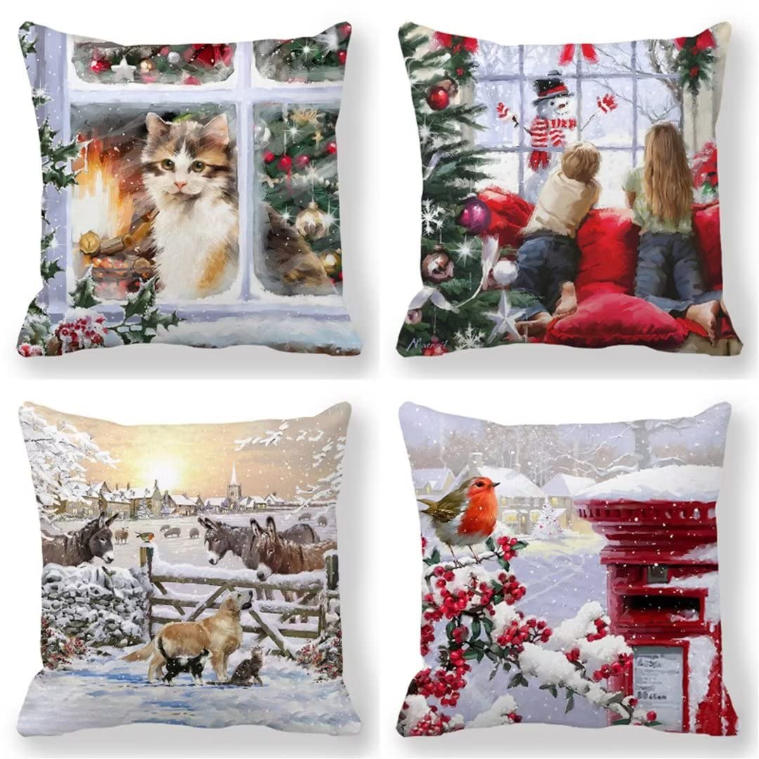 Housse de coussin Noël 40x40 cm lot de 4 en lin pour décorer le canapé du salon chaleureux