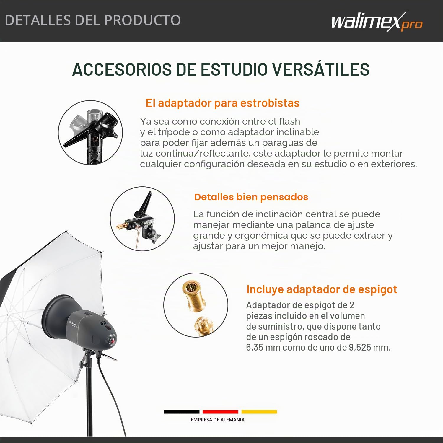 Walimex Pro Soporte para sombrilla inclinable con Toma de espigota, Color Negro