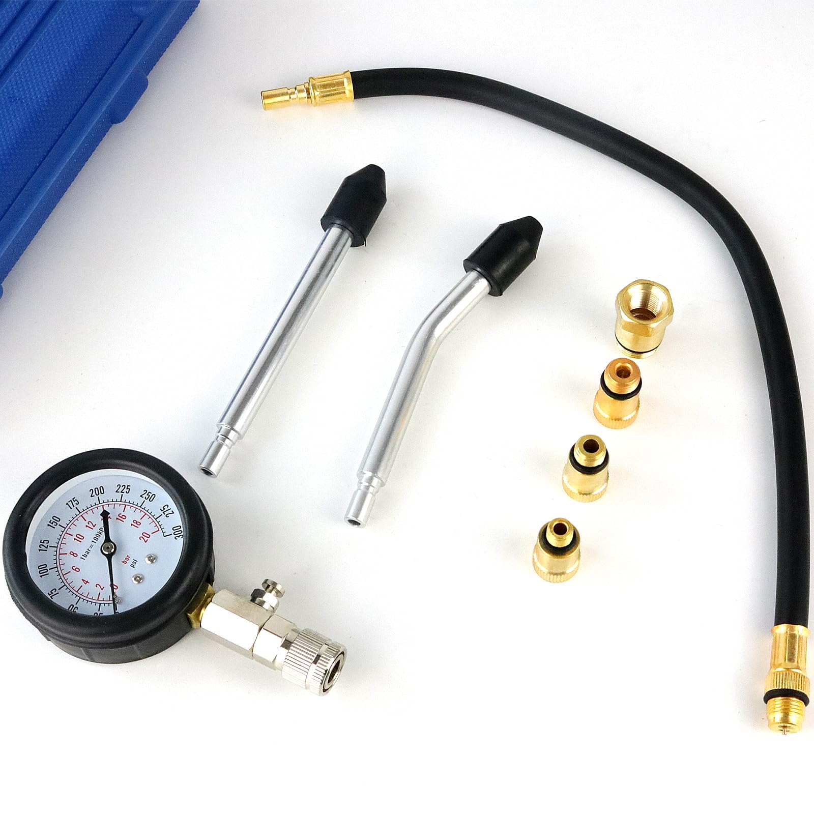 Testeur de Compression de Cylindre de Moteur Essence Diesel, Testeur de Pression d'huile de Cylindre, 0-300 PSI / 0-20 Bar avec 4 Adaptateurs