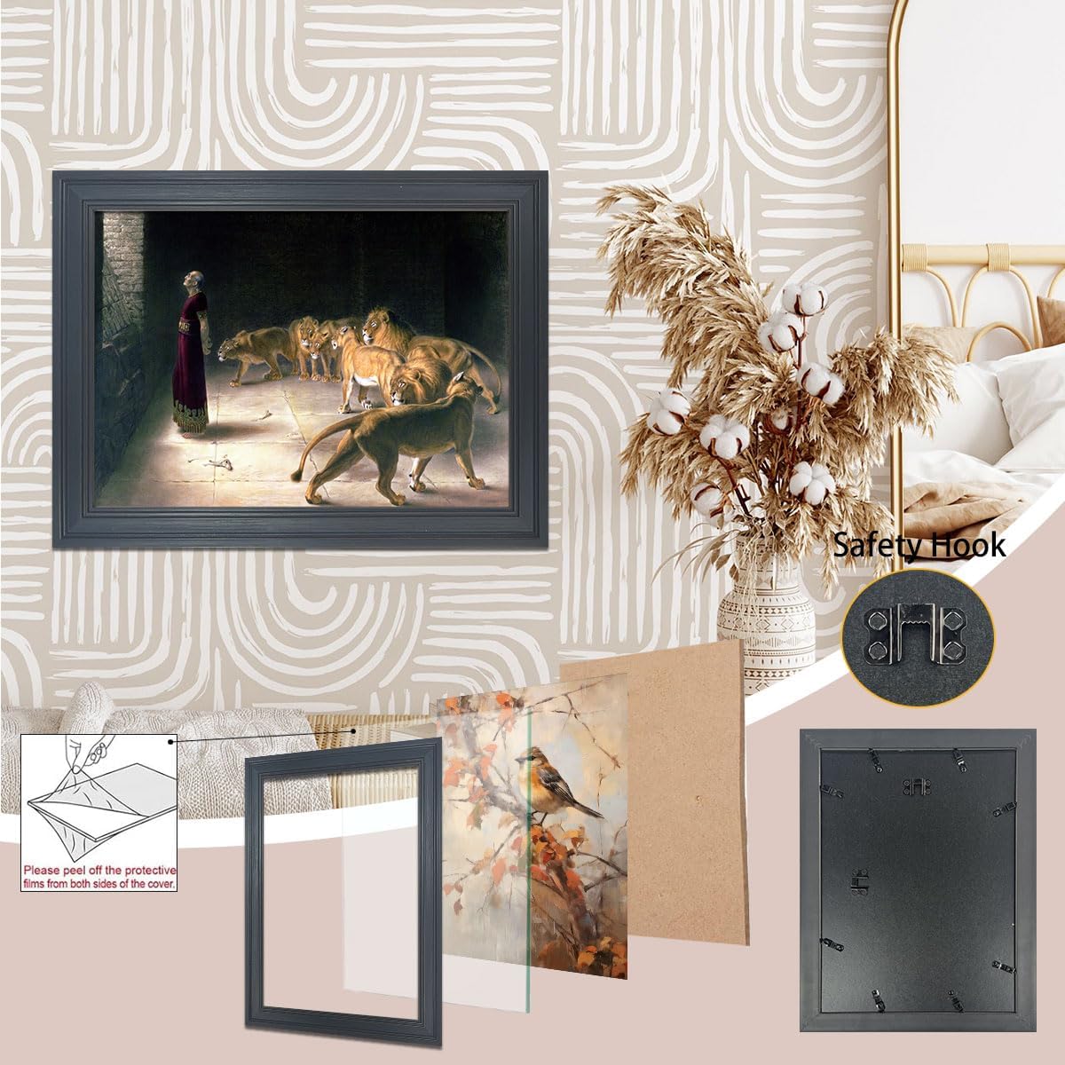 Daniel In The Lions Den 1872 By Briton Riviere Poster Vintage Canvas Prints Paintings Wall art Aesthetic Decor Christianity Picture for Modern Home Living Room Office Bedroom 16X24inch Black Frame