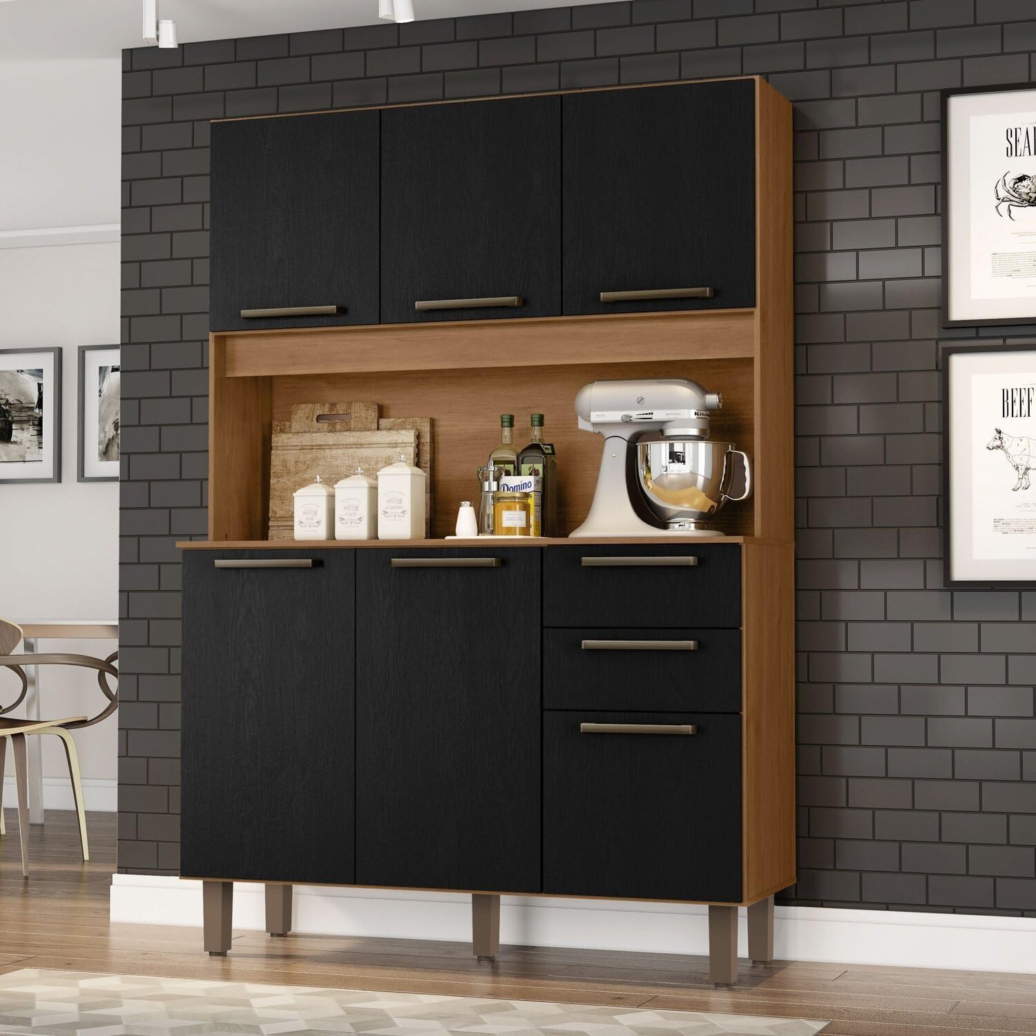 S30 2本セット 黒・ダークブラウン Armário para Cozinha 6 Portas 2 Gavetas 120cm Cinamomo/Preto
