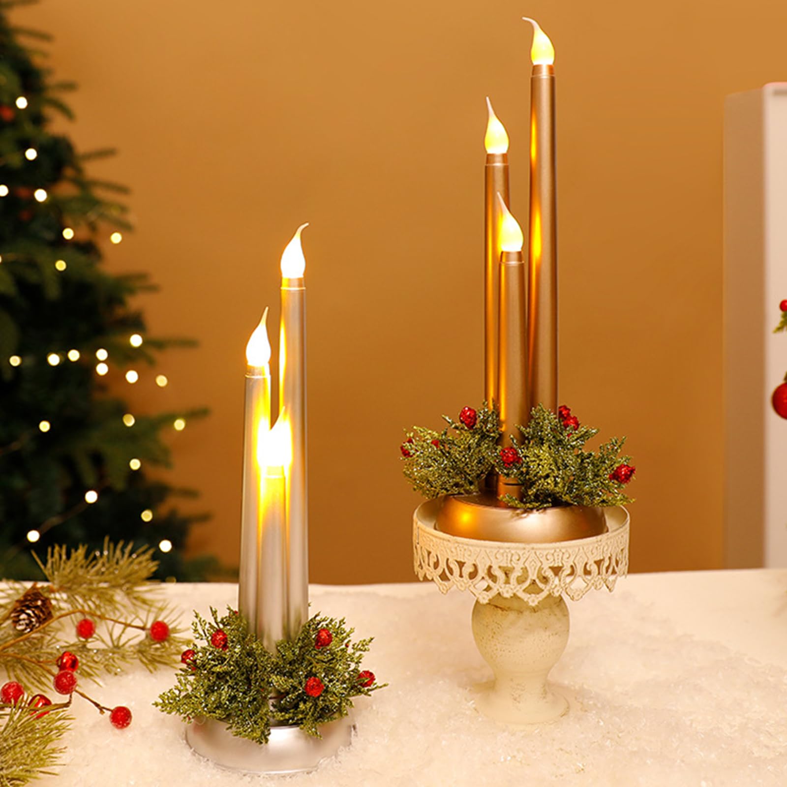 Candele natalizie a LED senza fiamma, 3 in 1, senza fiamma, corte, decorate con foglie di agrifoglio finte e bacche invernali, funzionamento a batteria, per centrotavola natalizio e decorazioni