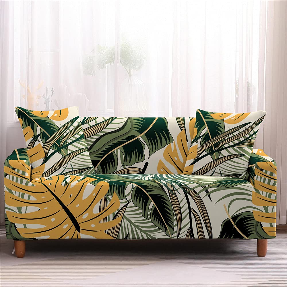 Fanxu Fansu Sofa Cover Universal Slipcover Stretch Couch Covers,3D Tropical Leaf Print Non Slip Settee Loveseat Sofa Covers Soft Removable Washable Furniture Sofa Protector (Palm Leaf,4 Seater/235~300Cm)
