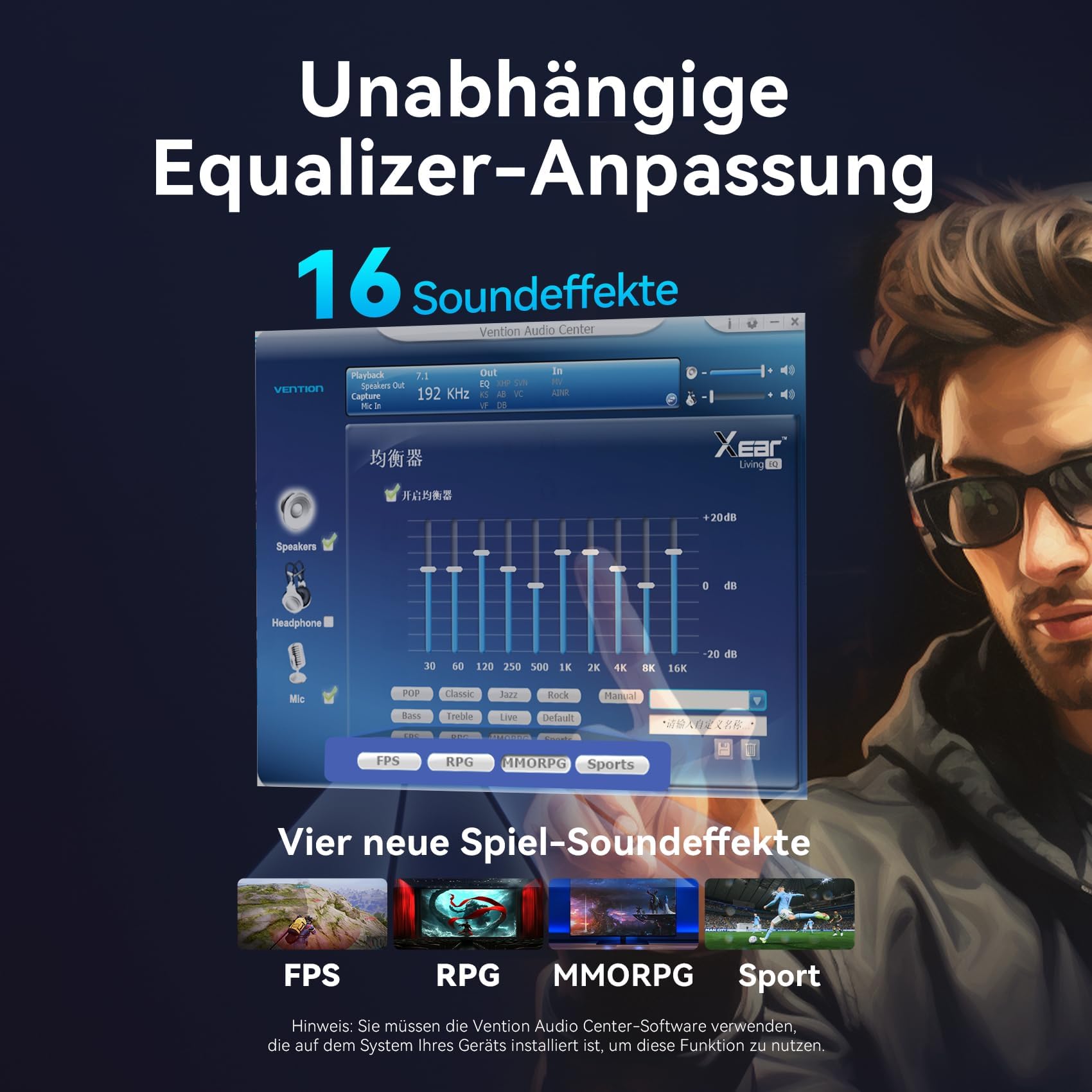 VENTION 7.1 Karta dźwiękowa USB do gier, 7.1, wirtualny dźwięk przestrzenny, 24 bit/192 kHz, system światła RGB, wzmacniacz audio, kompatybilny z PS5, PS4, Xbox One, Nintendo