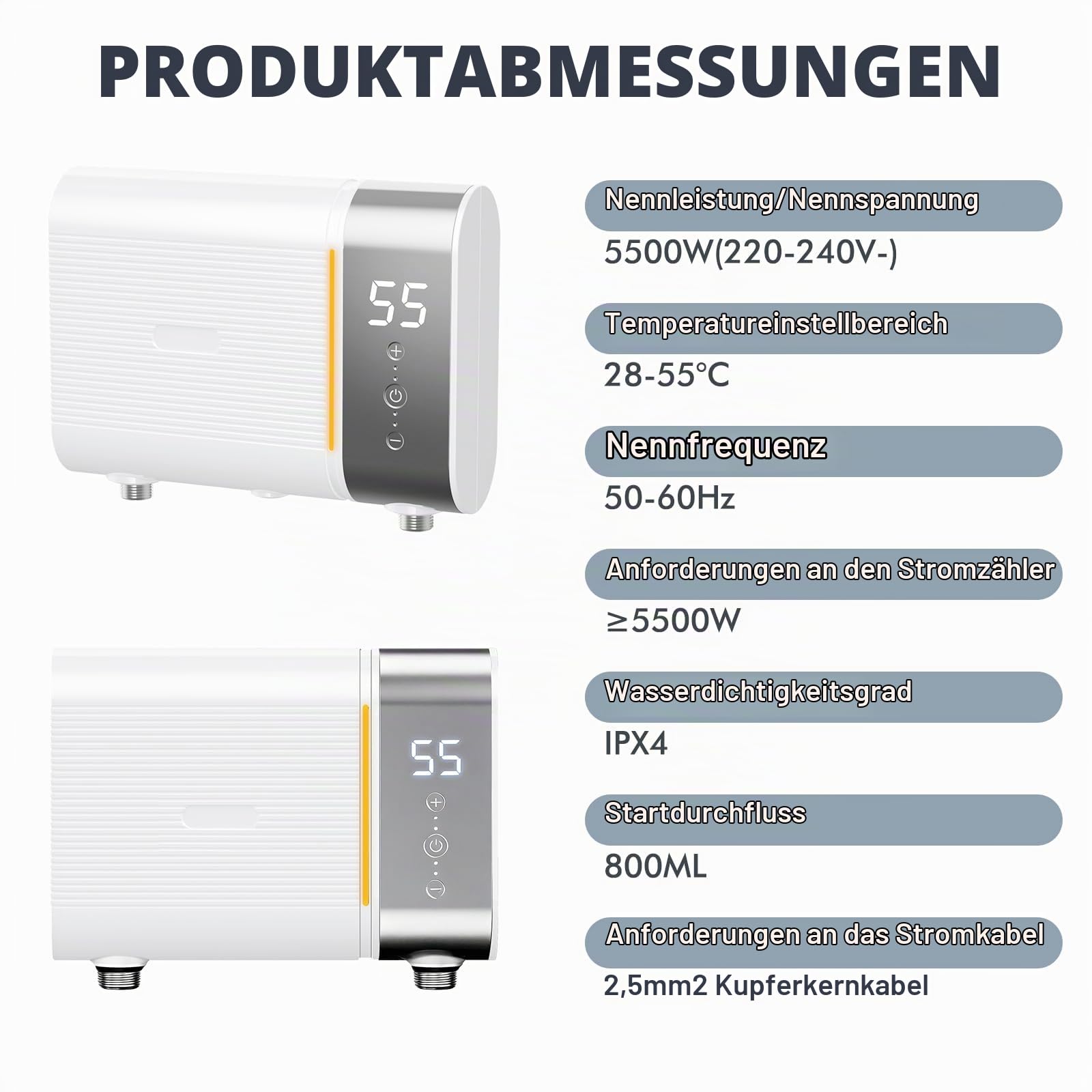 Elektronischer Durchlauferhitzer Küche 220V 5500W elektrische Warmwasserbereiter tankloser Mini-Warmwasserbereiter mit LED Temperaturanzeige, Elektrisch Instant Klein Durchlauferhitzer (White)