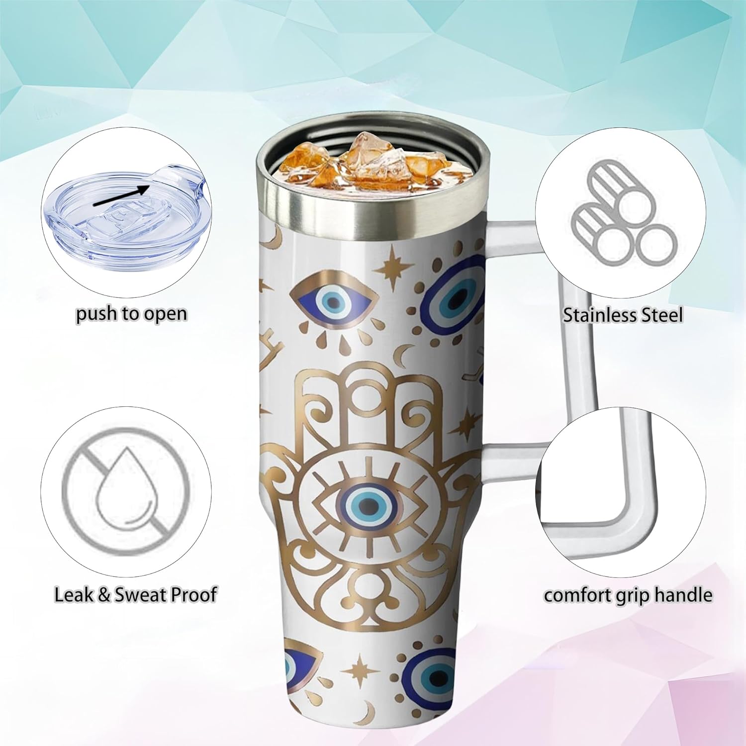40oz Evil Eye Tumbler with Handle and Flip Straw, Evil Eyes Hand Stainless Steel Insulated Cup, Travel Coffee Mug Water Bottle, Birthday Gifts for Women Men - Image 3