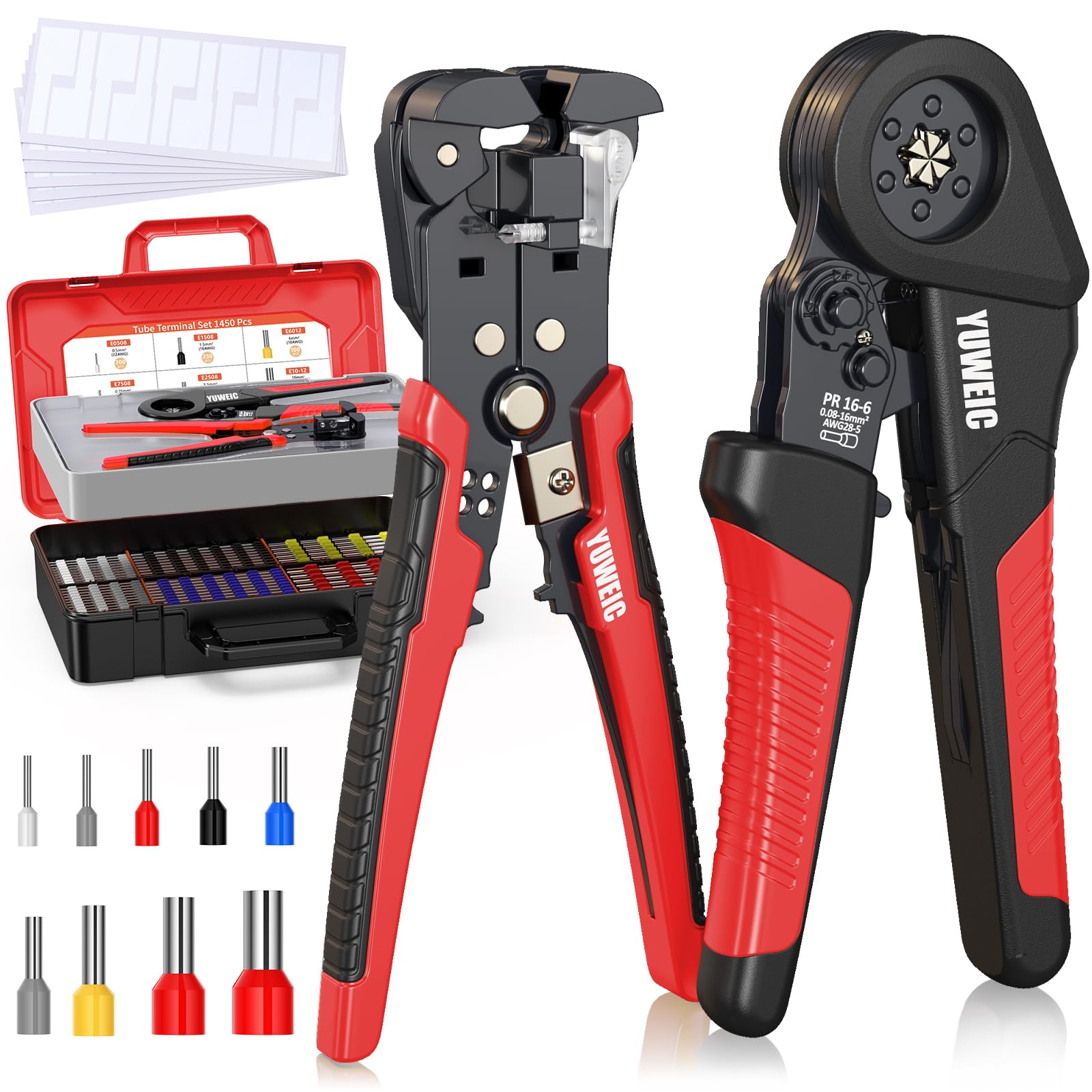 Pince à sertir hexagonale Pince à dénuder – Outil à sertir à cliquet, AWG28-5 (0,08–16 mm²), adaptée pour 1450 bornes individuelles, livrée avec coffret pour usage domestique et industriel